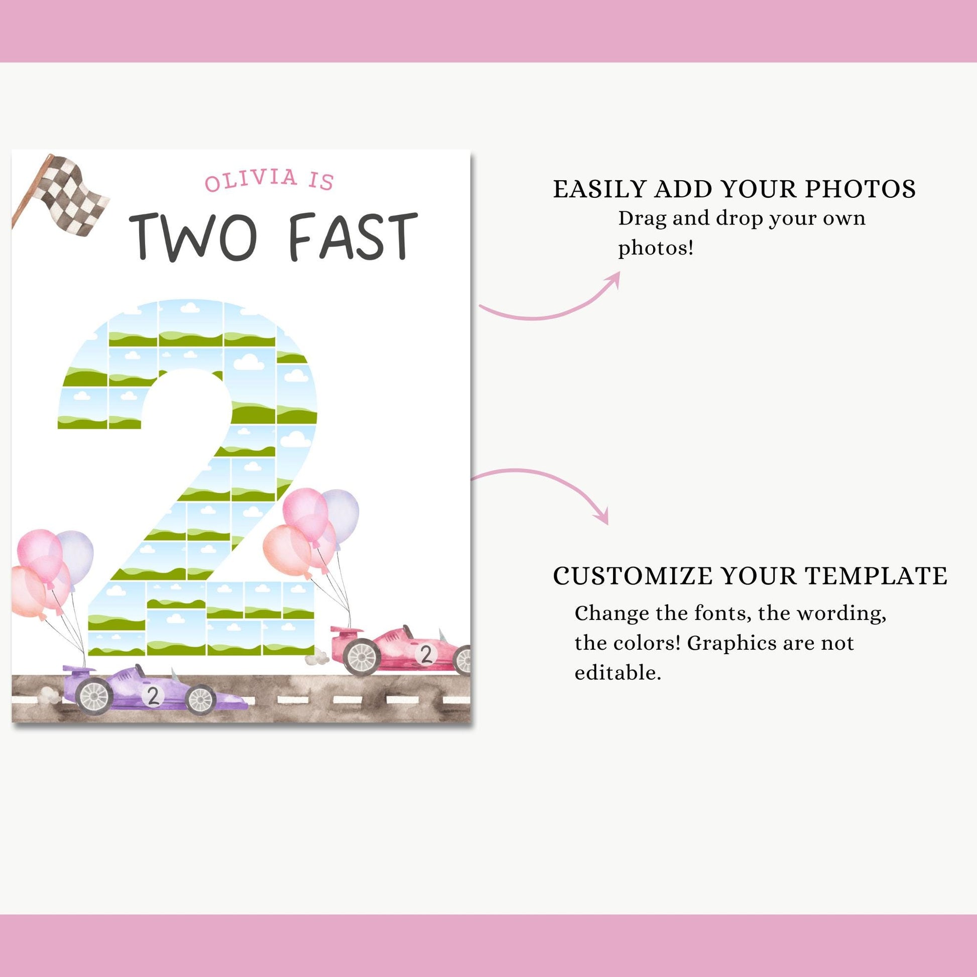 Two Fast Birthday Sign Photo Collage Editable Race Car Party Two Fast Two Curious 2nd Birthday Photo Banner Milestone photo sign