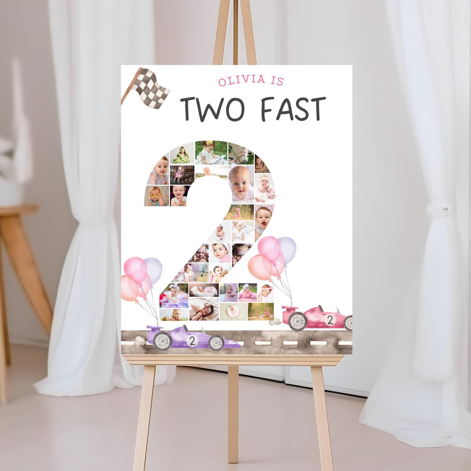 Two Fast Birthday Sign Photo Collage Editable Race Car Party Two Fast Two Curious 2nd Birthday Photo Banner Milestone photo sign