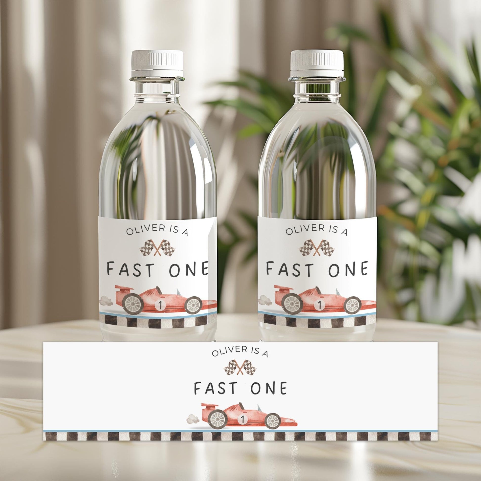 Fast One Birthday Party Water Bottle Label Editable Drink Label Digital Download Canva Race car 1st Birthday Party Racing Birthday decor