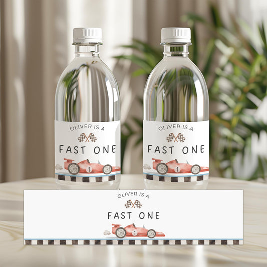 Fast One Birthday Party Water Bottle Label Editable Drink Label Digital Download Canva Race car 1st Birthday Party Racing Birthday decor