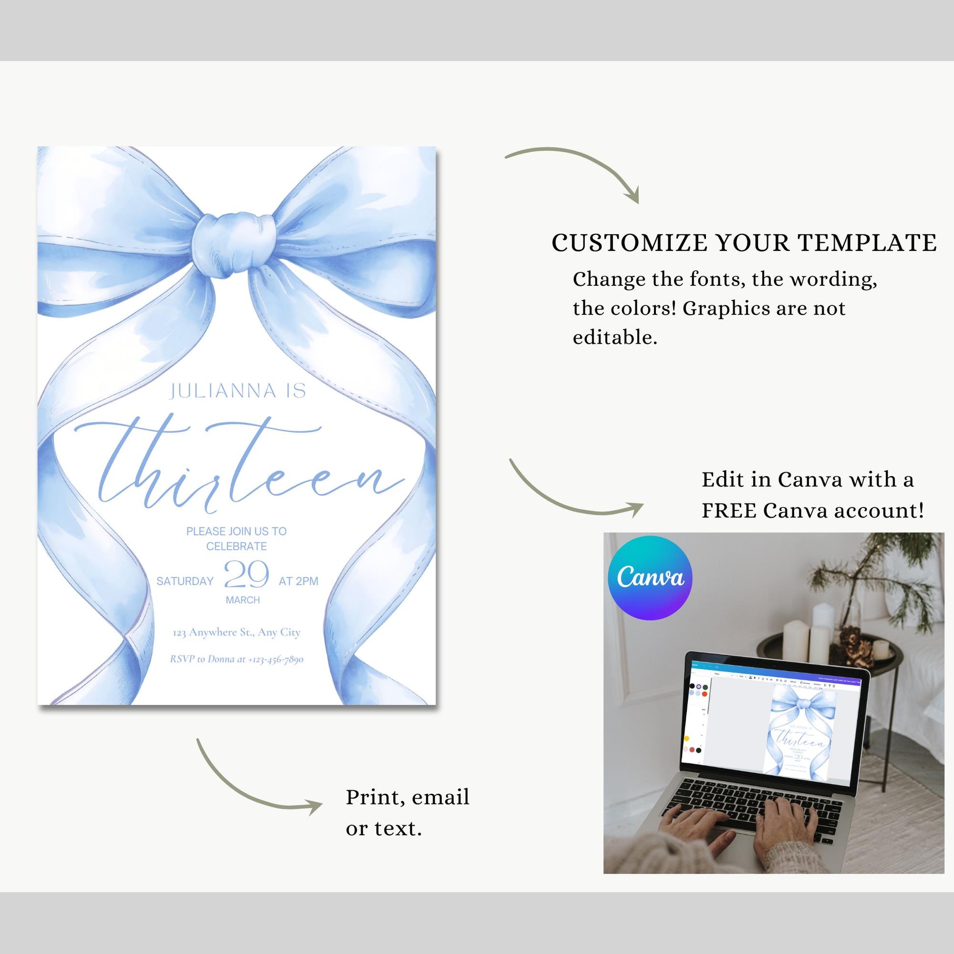 13th birthday invitation girl Blue Coquette Invite 13 year old girl Birthday Girl thirteenth Blue Bow Birthday Teen Birthday Party