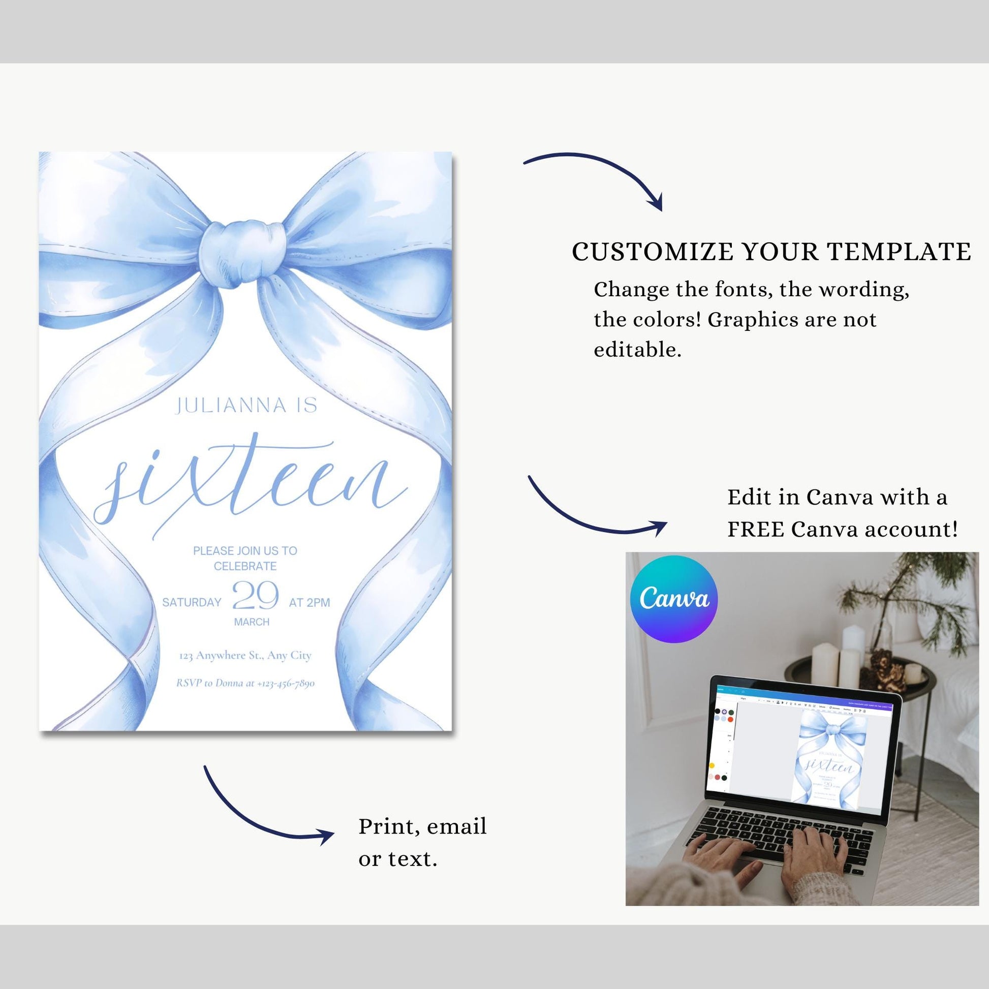 16th birthday invitation Blue Coquette Invite 16th Birthday Invitation Girl sixteenth Blue Bow Birthday Teen Birthday Party Sweet Sixteen