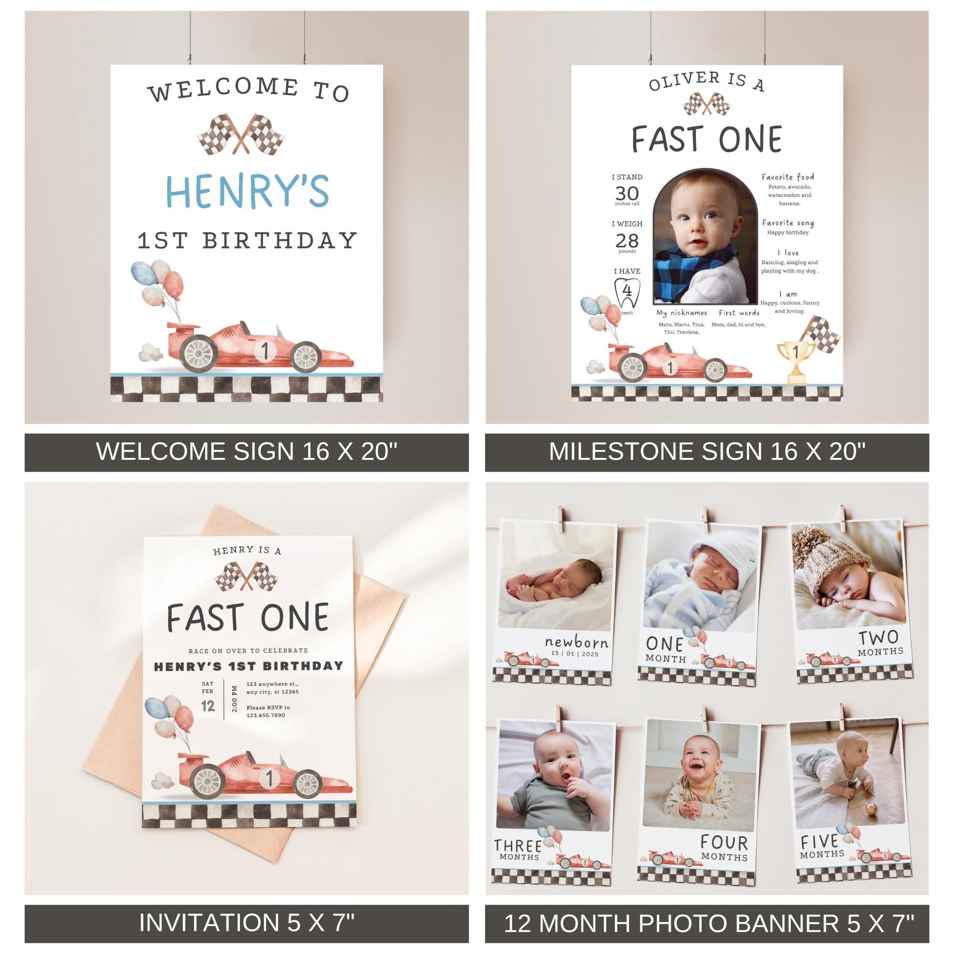 Fast One Birthday Bundle - Editable Racing Party Signs - Vintage Race Car Decorations - Digital Download