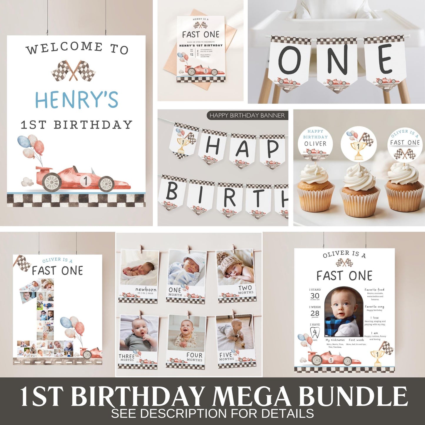 Fast One Birthday Bundle Racecar First Birthday Party Decor Racing 1st Birthday Invitation First Lap Down Party Vintage Race car Birthday