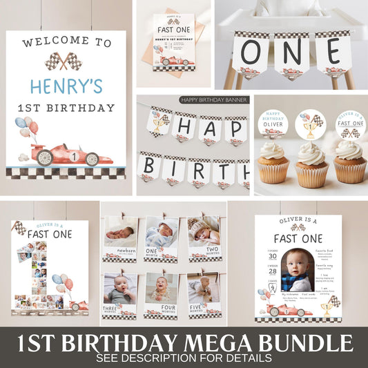 Fast One Birthday Bundle Racecar First Birthday Party Decor Racing 1st Birthday Invitation First Lap Down Party Vintage Race car Birthday