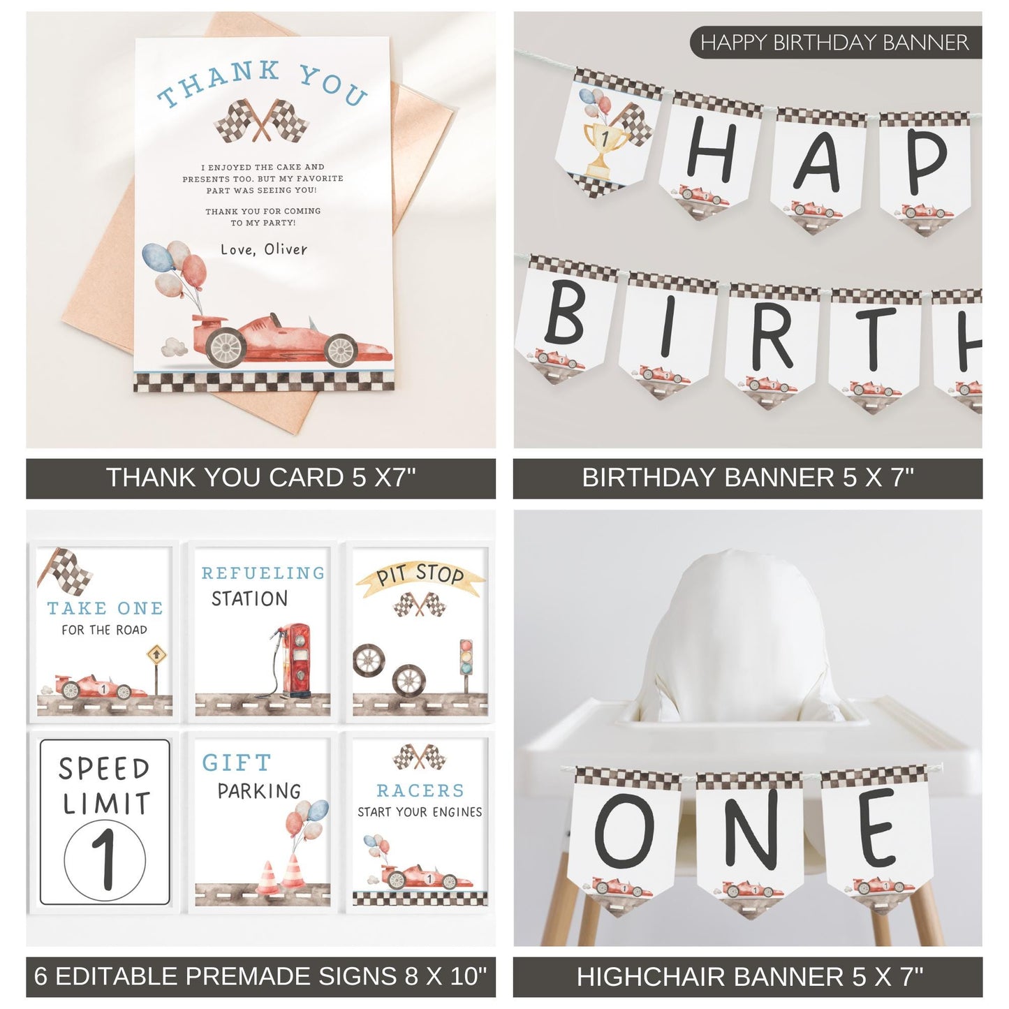 Editable Fast One Birthday Decorations - Race Car Party Bundle - First Birthday Invitation - Digital Download
