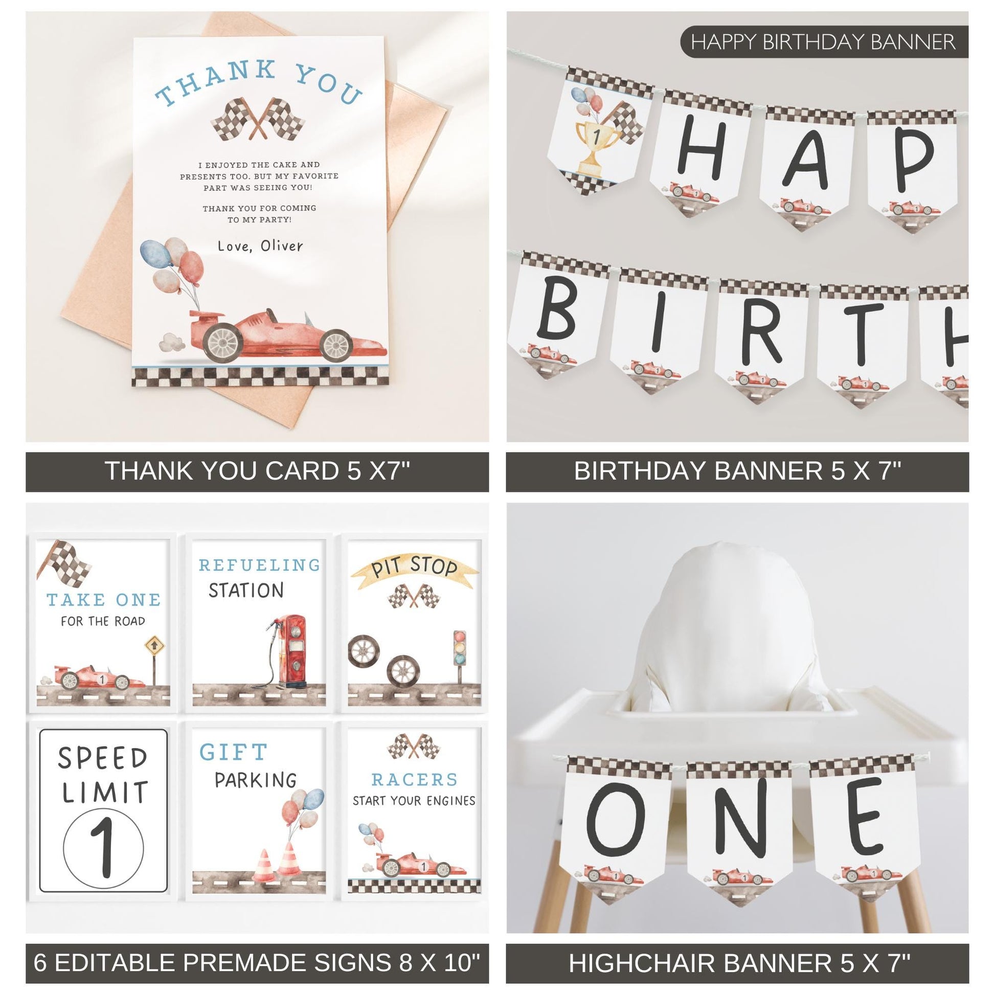 Editable Fast One Birthday Decorations - Race Car Party Bundle - First Birthday Invitation - Digital Download