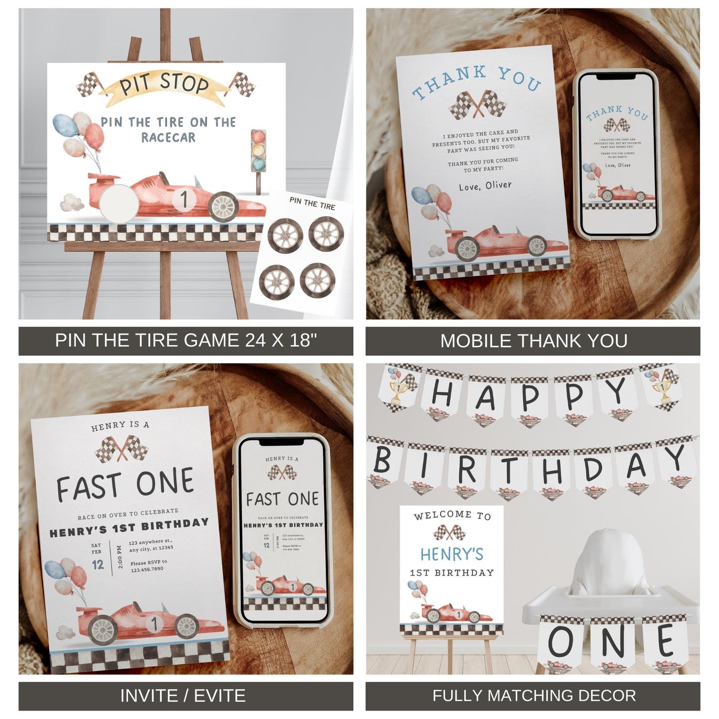 Fast One Birthday Invitation Bundle - Editable Race Car Party Decor - First Birthday - Digital Download
