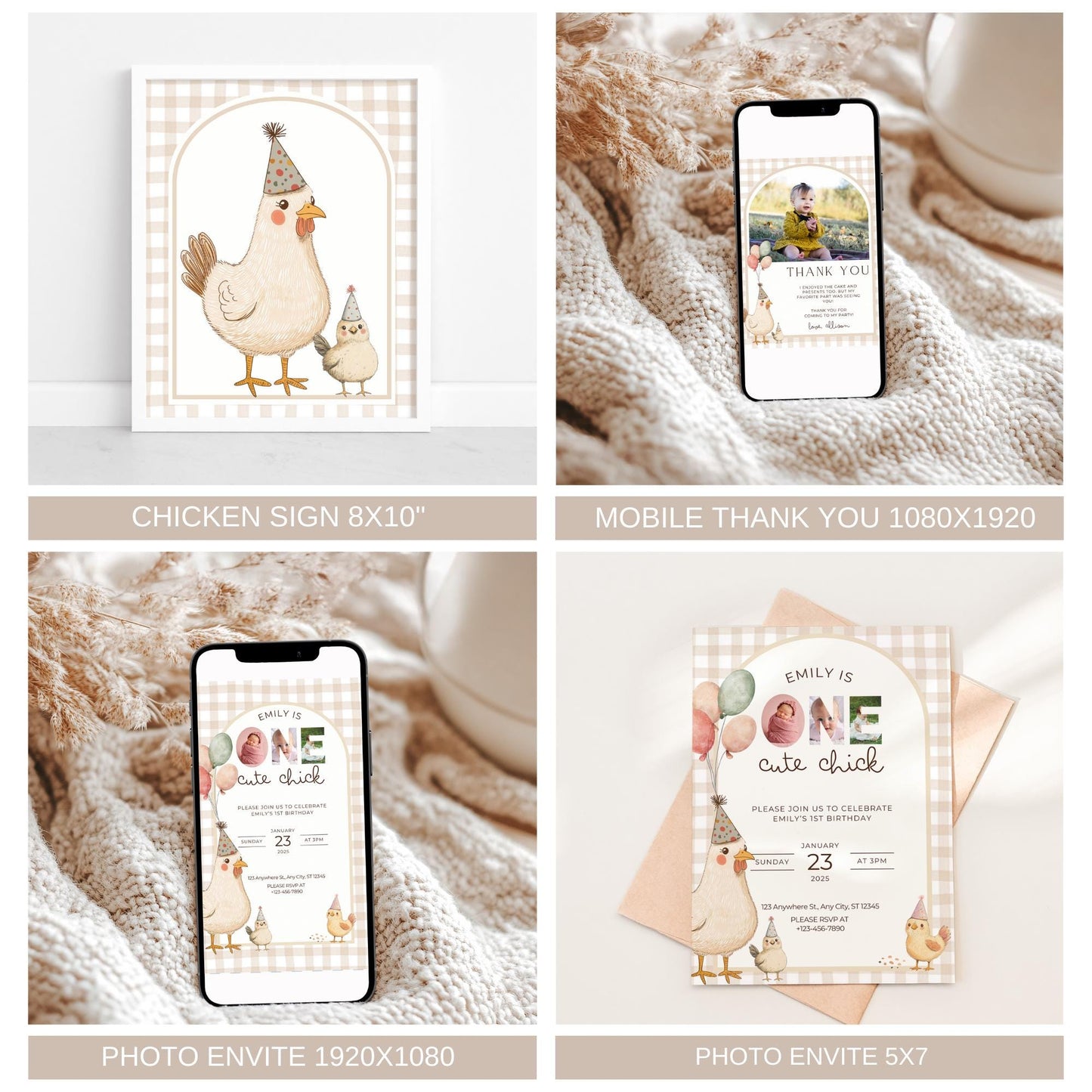 This Chick is One Birthday Bundle One Cute Chick First Birthday Party Decor Chicken 1st Birthday Invite Farm Theme Party Chick Birthday