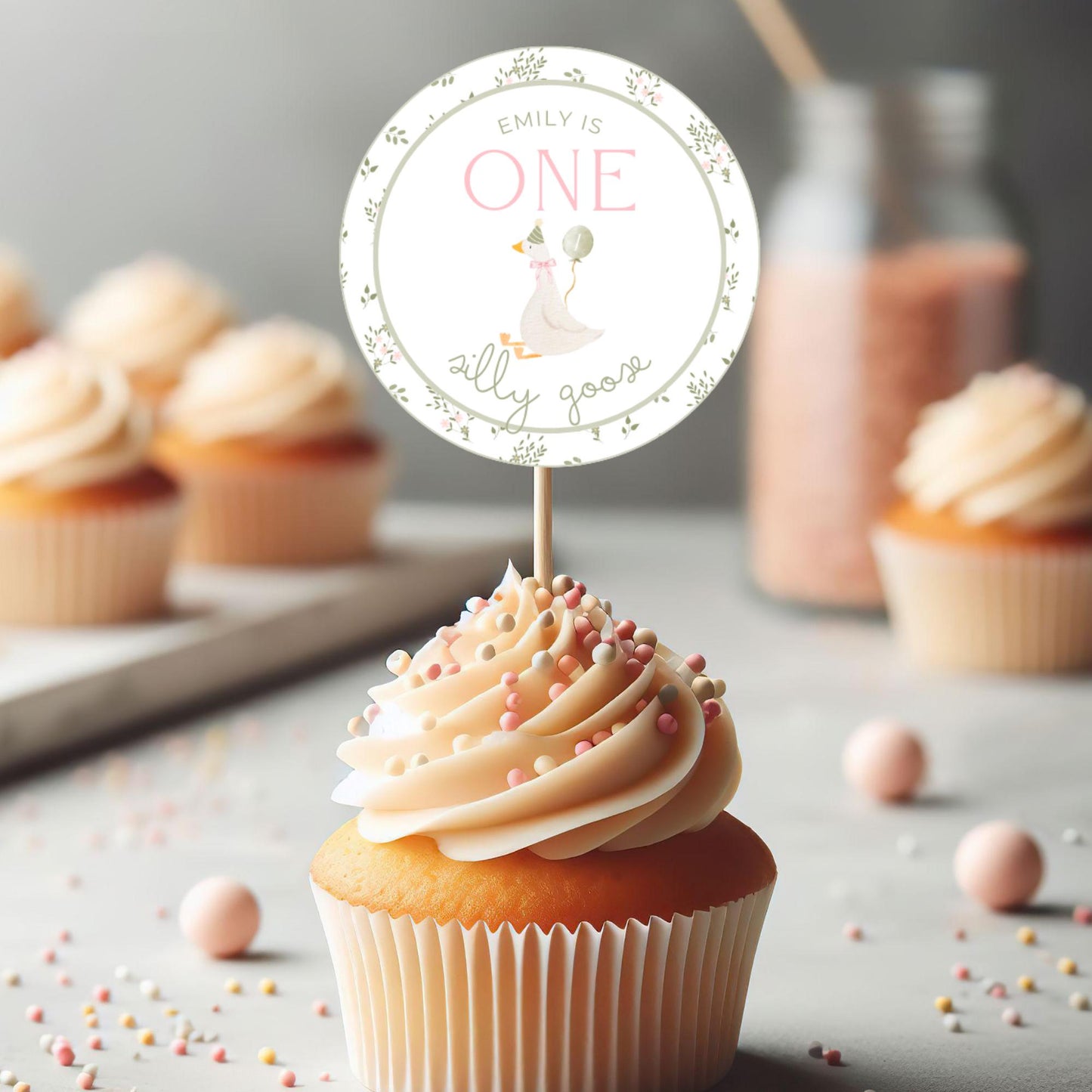 One Silly Goose Birthday Party Cupcake Toppers Editable Cake topper Goose themed Party Silly Goose First 1st Birthday Party Vintage Floral