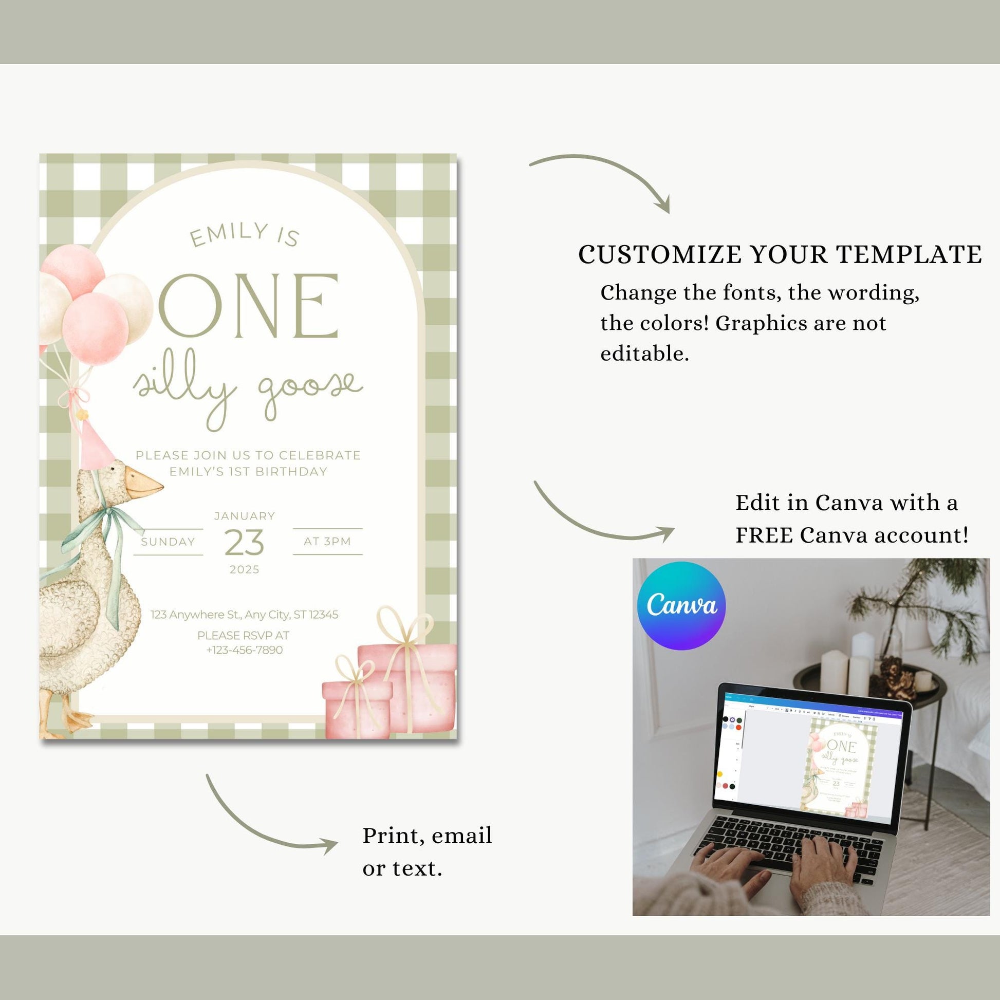 One Silly Goose Birthday Invite Dusty Pink First Birthday 1st Birthday Silly Goose Decor Editable  Invitation Nursery Rhyme Birthday