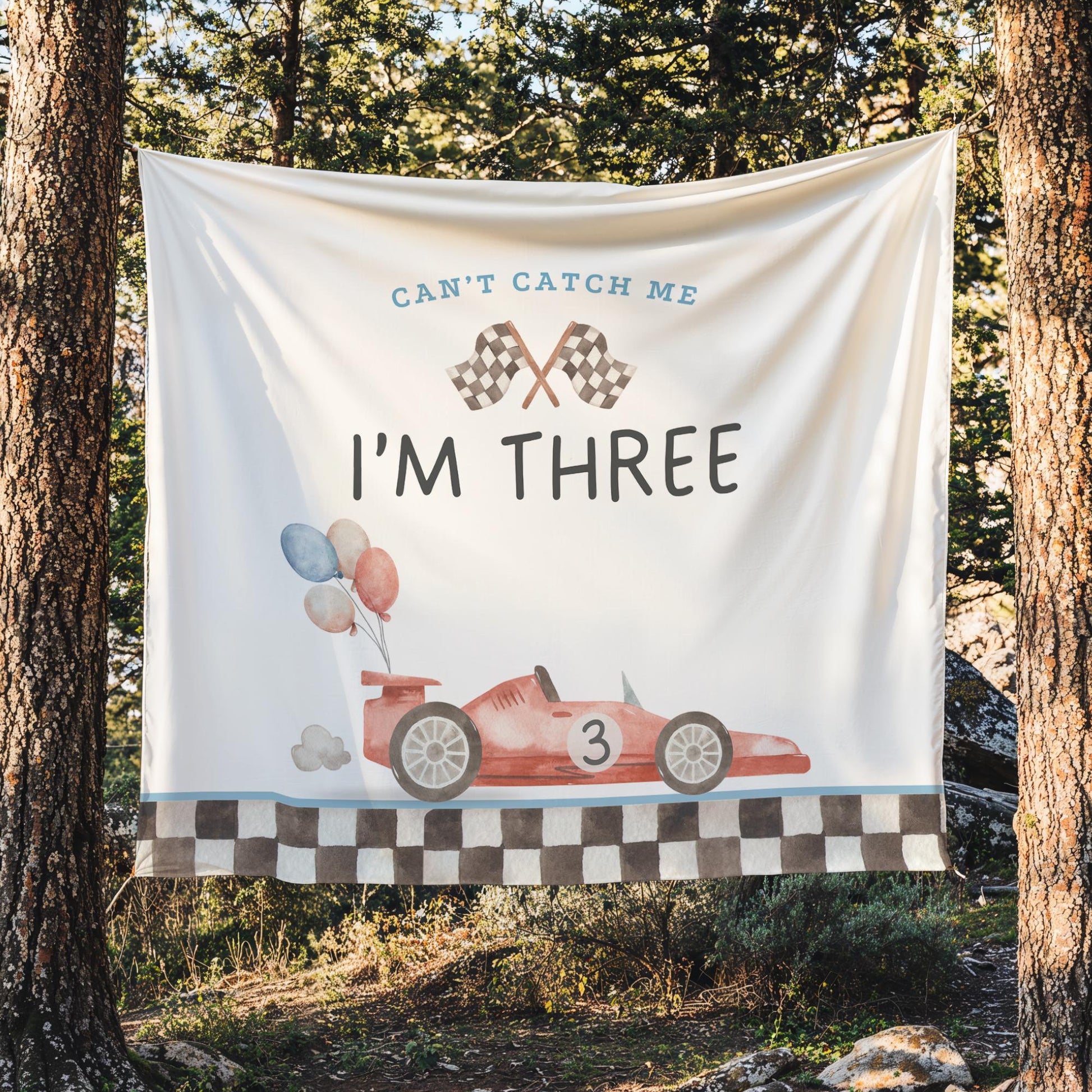 Racecar 3rd Birthday Personalized Banner Can&#39;t catch me I&#39;m Three Party Decor Photo Backdrop Racing Custom Banner Race Track