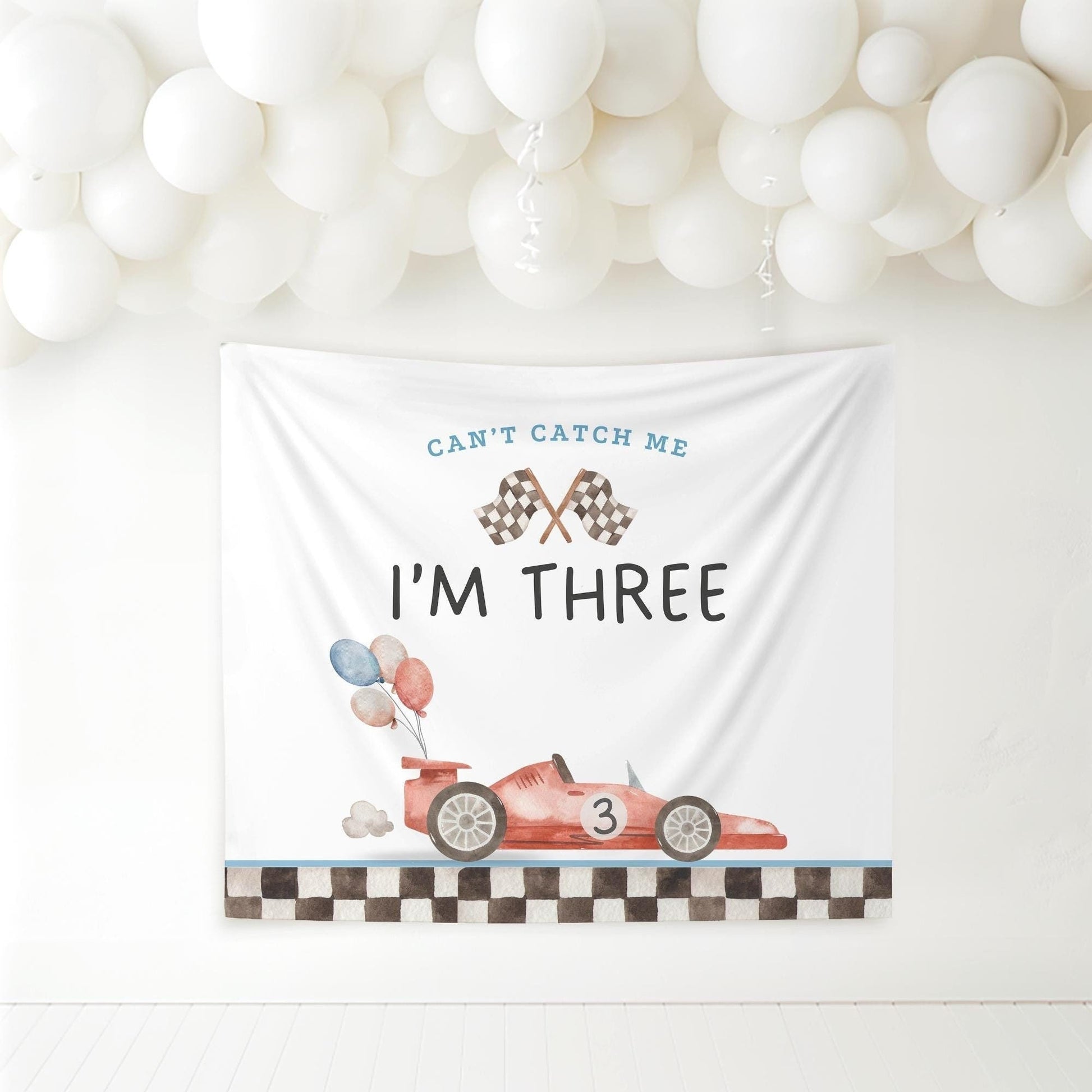 Racecar 3rd Birthday Personalized Banner Can&#39;t catch me I&#39;m Three Party Decor Photo Backdrop Racing Custom Banner Race Track