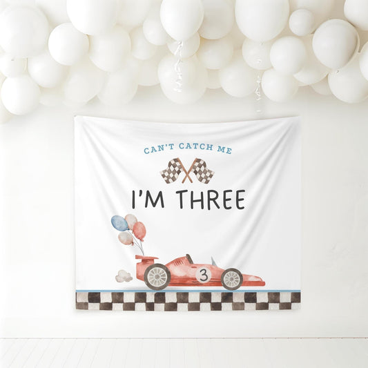 Racecar 3rd Birthday Personalized Banner Can&#39;t catch me I&#39;m Three Party Decor Photo Backdrop Racing Custom Banner Race Track