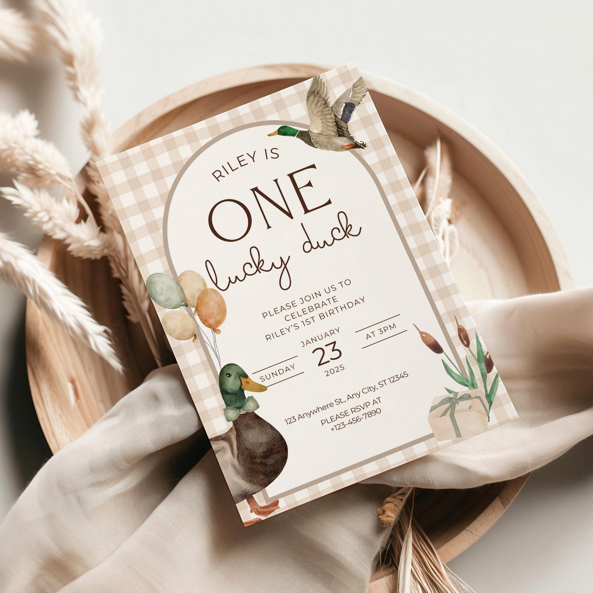 One Lucky Duck Birthday Invite Mallard Duck First Birthday 1st Birthday Duck theme Decor Editable  Invitation Duck Party Decorations