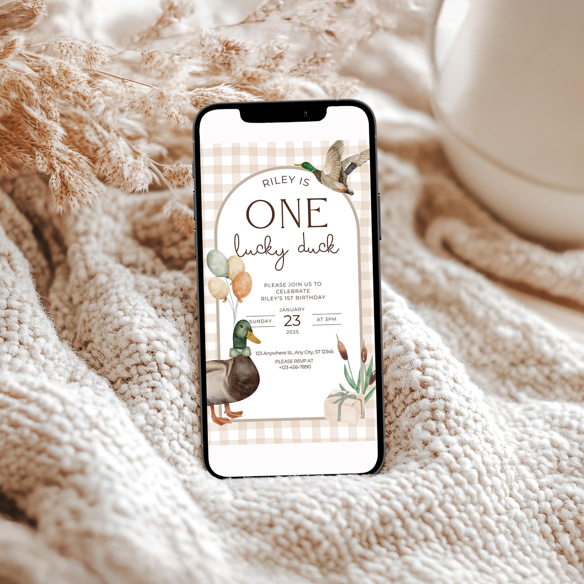 One Lucky Duck Birthday Invite Mallard Duck First Birthday 1st Birthday Duck theme Decor Editable  Invitation Duck Party Decorations