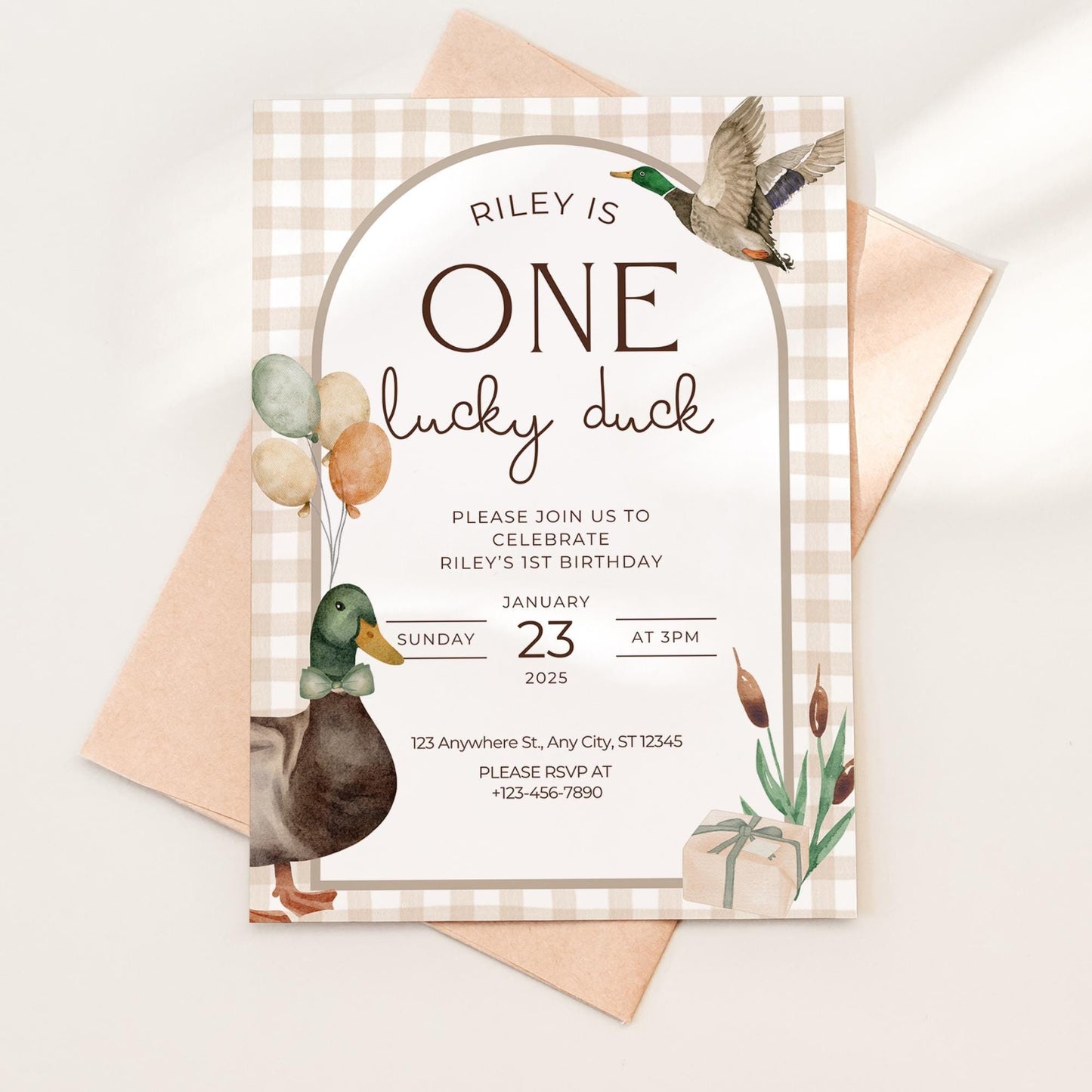 One Lucky Duck Birthday Invite Mallard Duck First Birthday 1st Birthday Duck theme Decor Editable  Invitation Duck Party Decorations