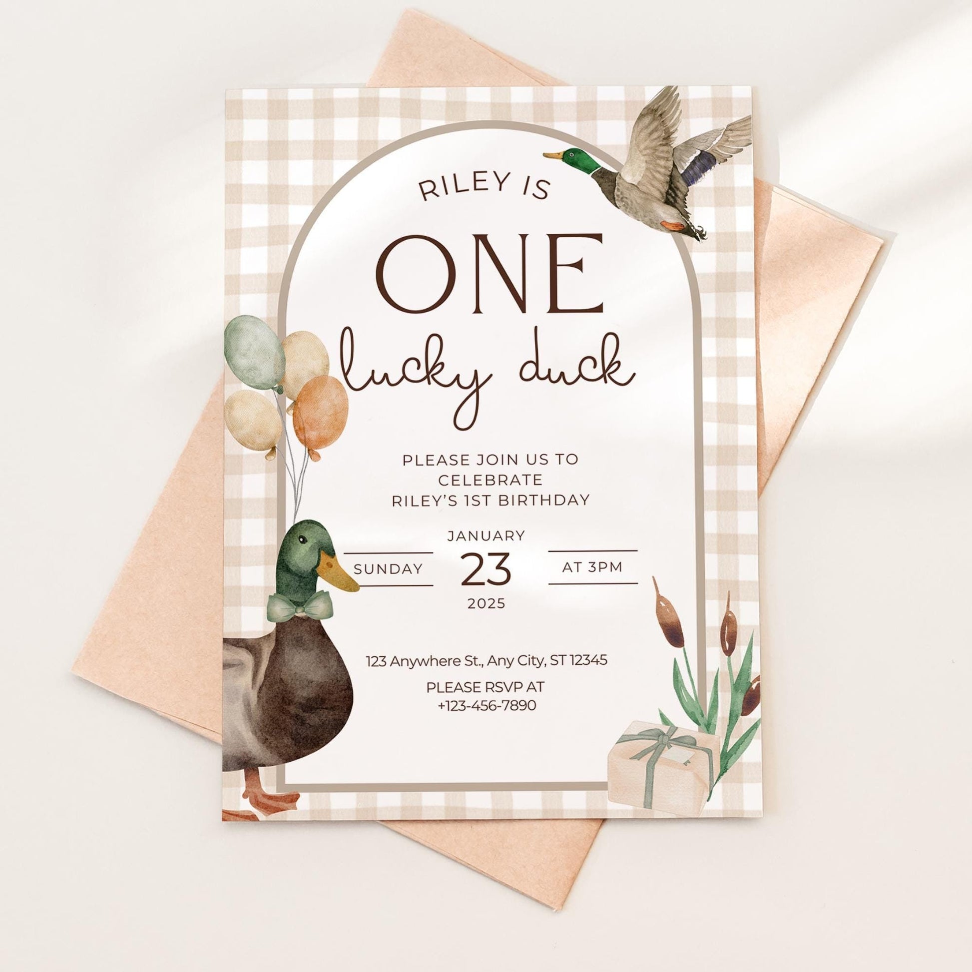 One Lucky Duck Birthday Invite Mallard Duck First Birthday 1st Birthday Duck theme Decor Editable  Invitation Duck Party Decorations