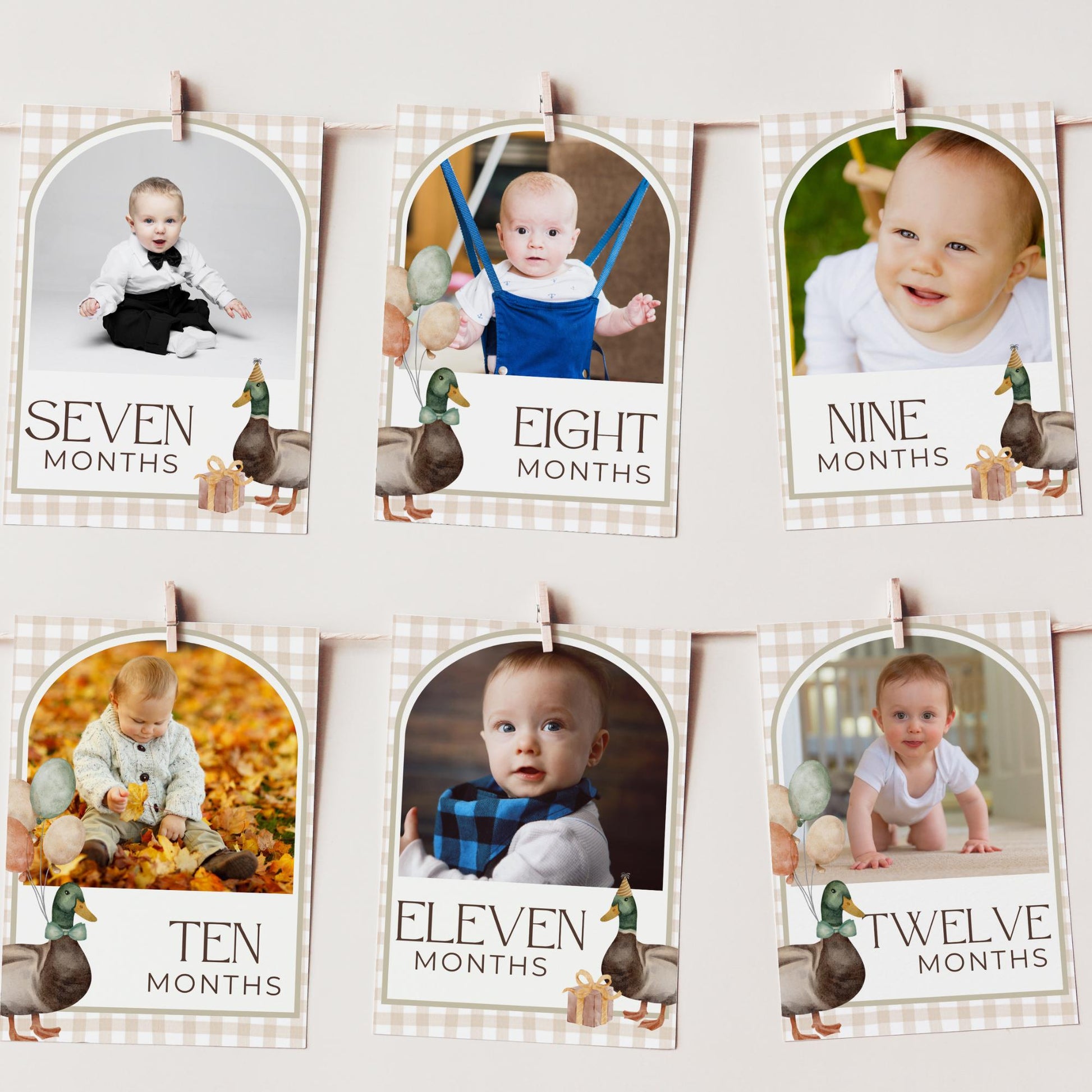 One Lucky Duck Birthday Photo Milestone Banner Mallard Duck 1st Birthday Bunting Banner Editable Template Monthly Milestone Photo Collage