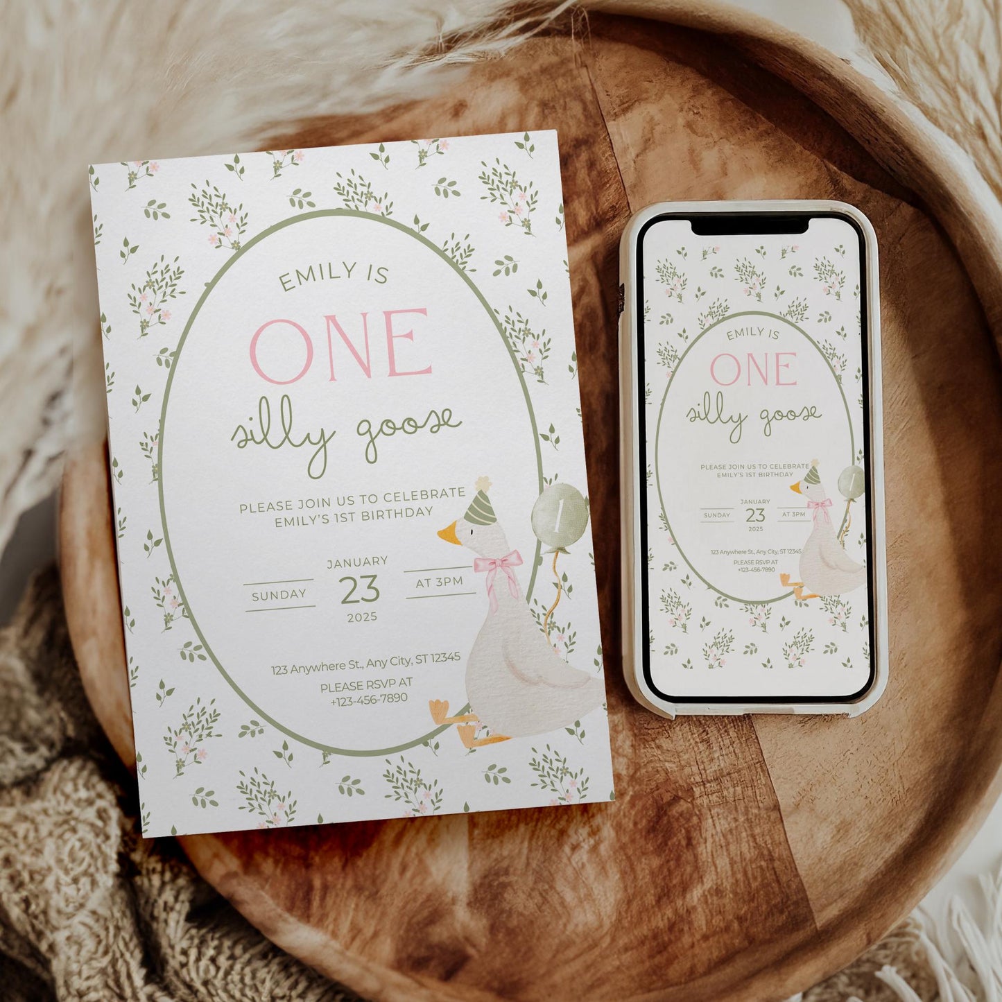 One Silly Goose Birthday Invite Vintage Floral First Birthday 1st Birthday Silly Goose Decor Editable  Invitation Nursery Rhyme Birthday