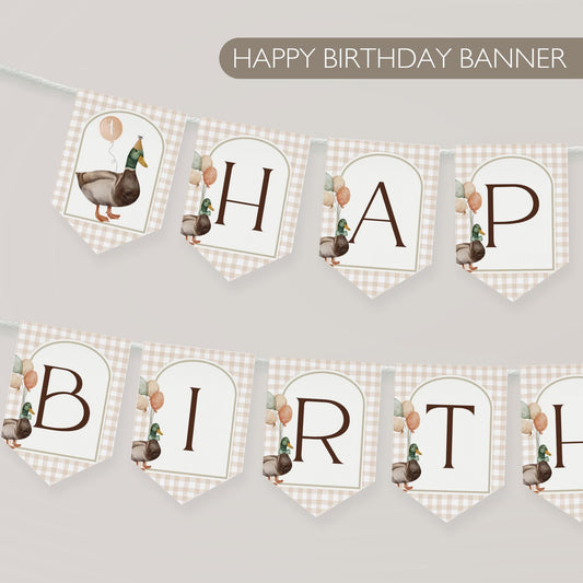One Lucky Duck First Birthday Party Sign Happy Birthday Banner Mallard Duck 1st Birthday Bunting Duck Hunting Birthday Party Duck Banner