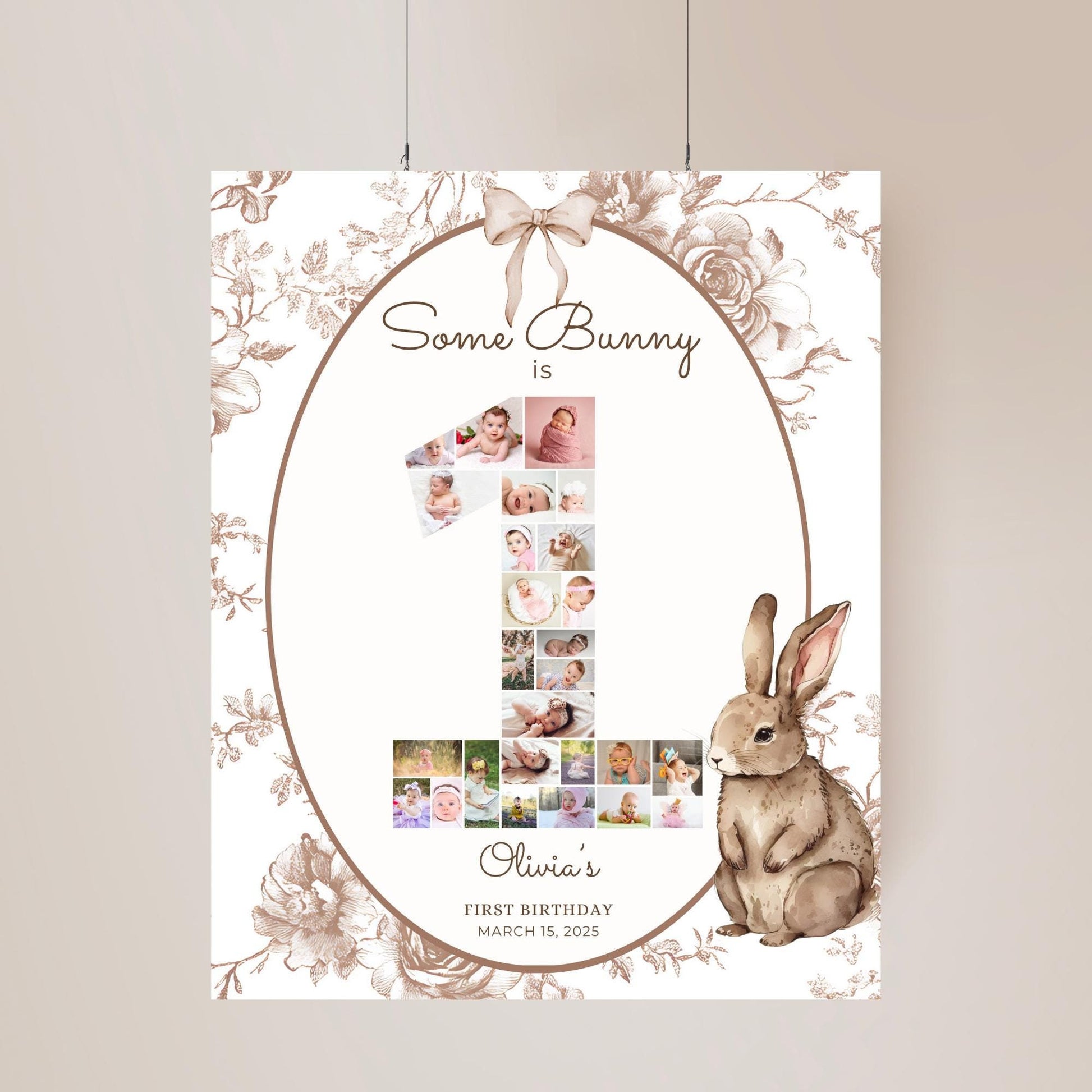Some Bunny is One First Birthday Sign Photo Collage Editable Bunny 1st Birthday Monthly Banner Vintage Floral Rabbit Photo Milestone sign