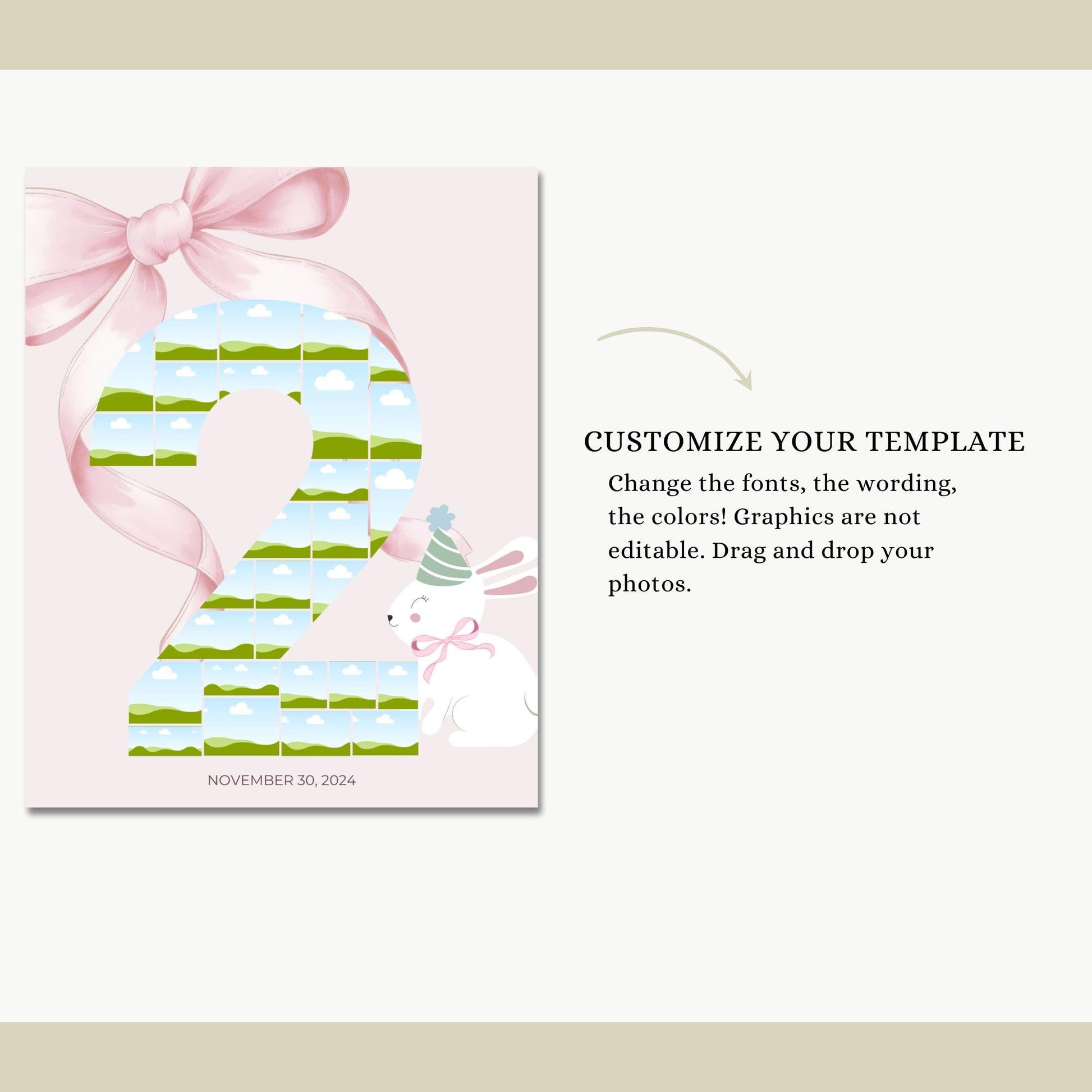 Pink Bow 2nd Birthday Sign Photo Collage Editable Some Bunny is Two second birthday party decor Bunny Photo Banner Milestone photo sign