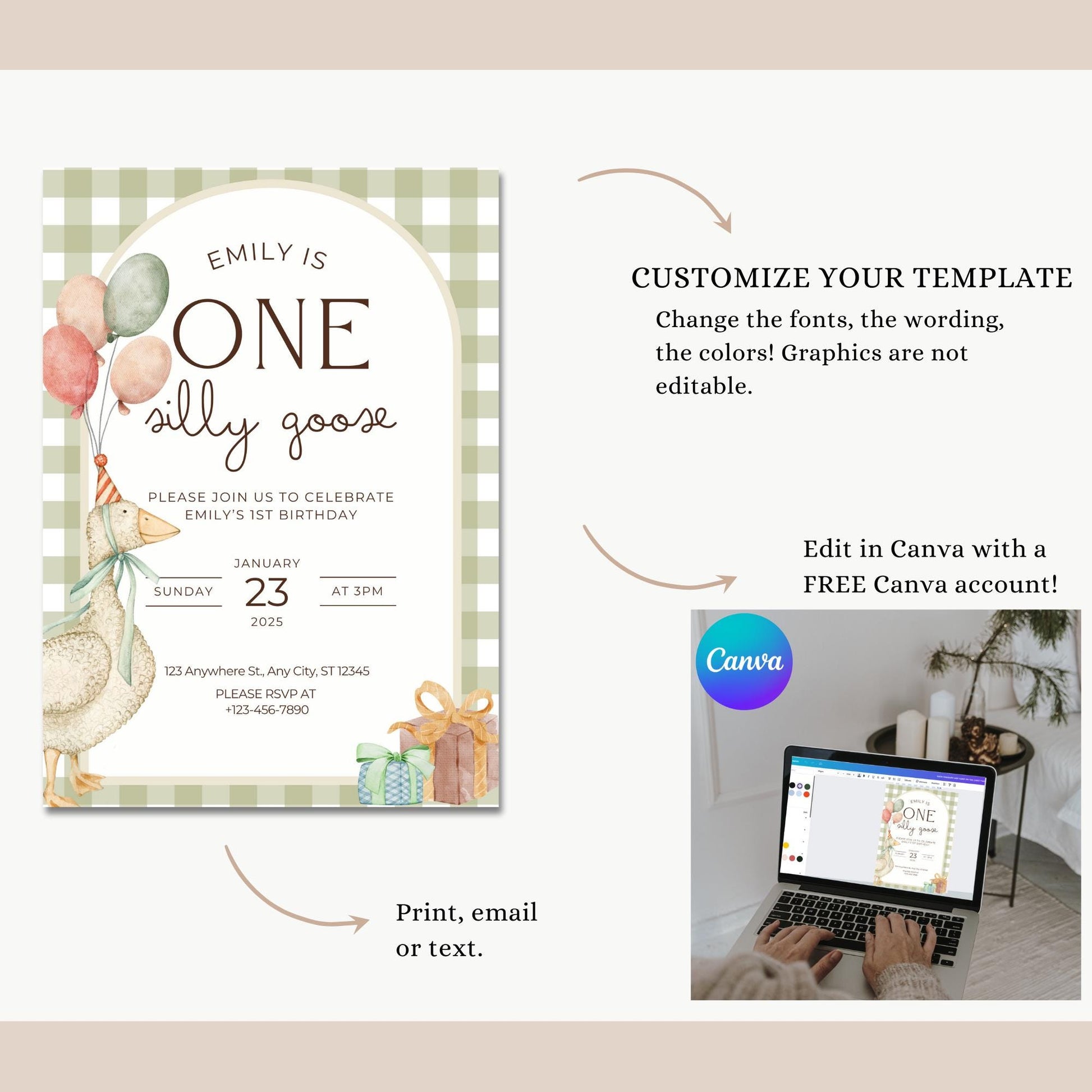 One Silly Goose Birthday Invite Gender Neutral First Birthday 1st Birthday Silly Goose Decor Editable  Invitation Nursery Rhyme Birthday