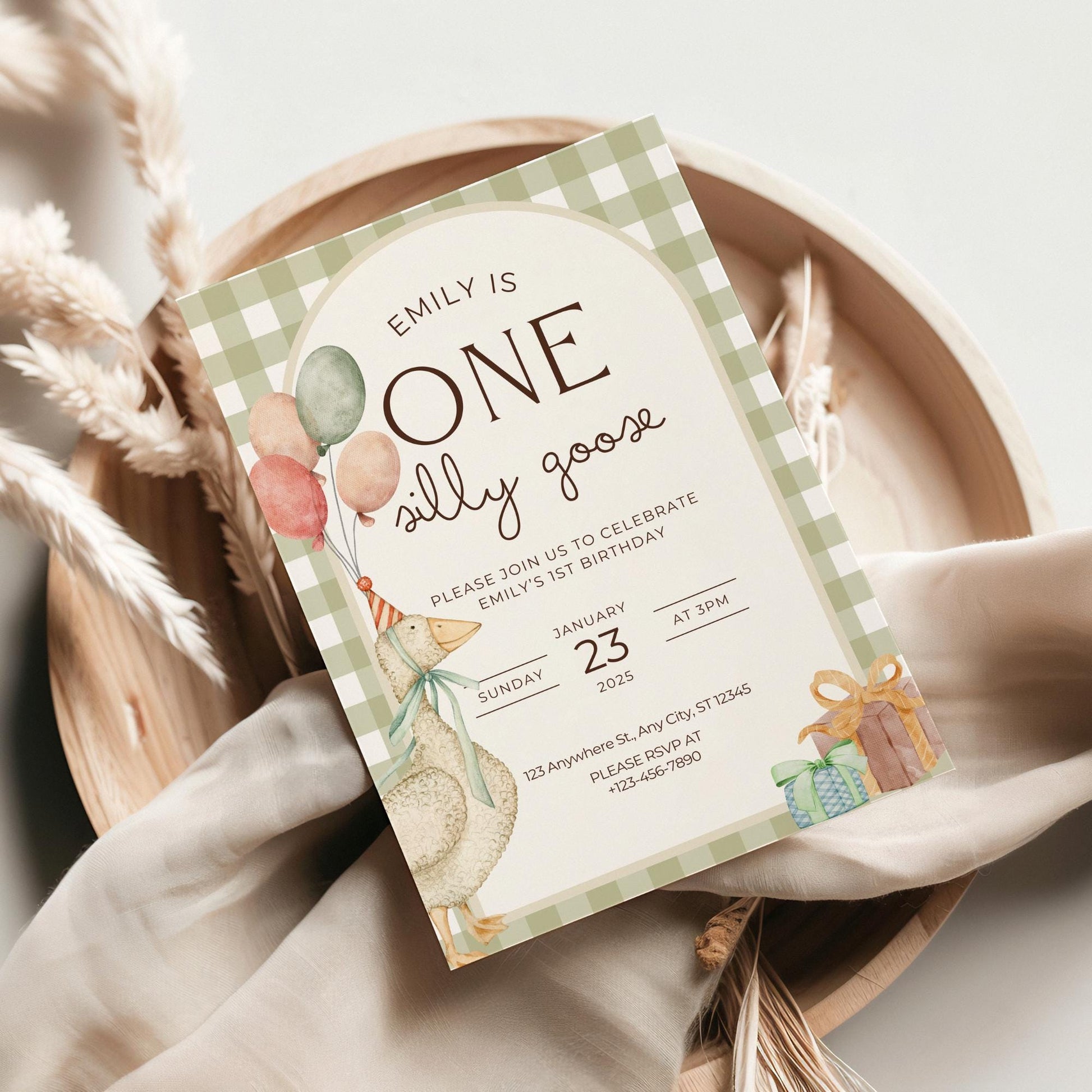 One Silly Goose Birthday Invite Gender Neutral First Birthday 1st Birthday Silly Goose Decor Editable  Invitation Nursery Rhyme Birthday
