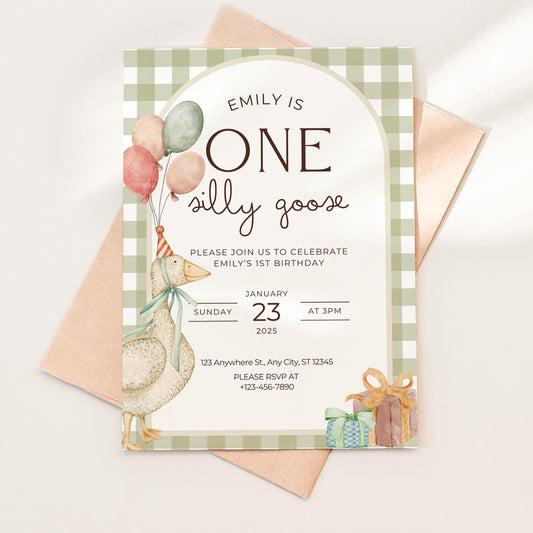 One Silly Goose Birthday Invite Gender Neutral First Birthday 1st Birthday Silly Goose Decor Editable  Invitation Nursery Rhyme Birthday