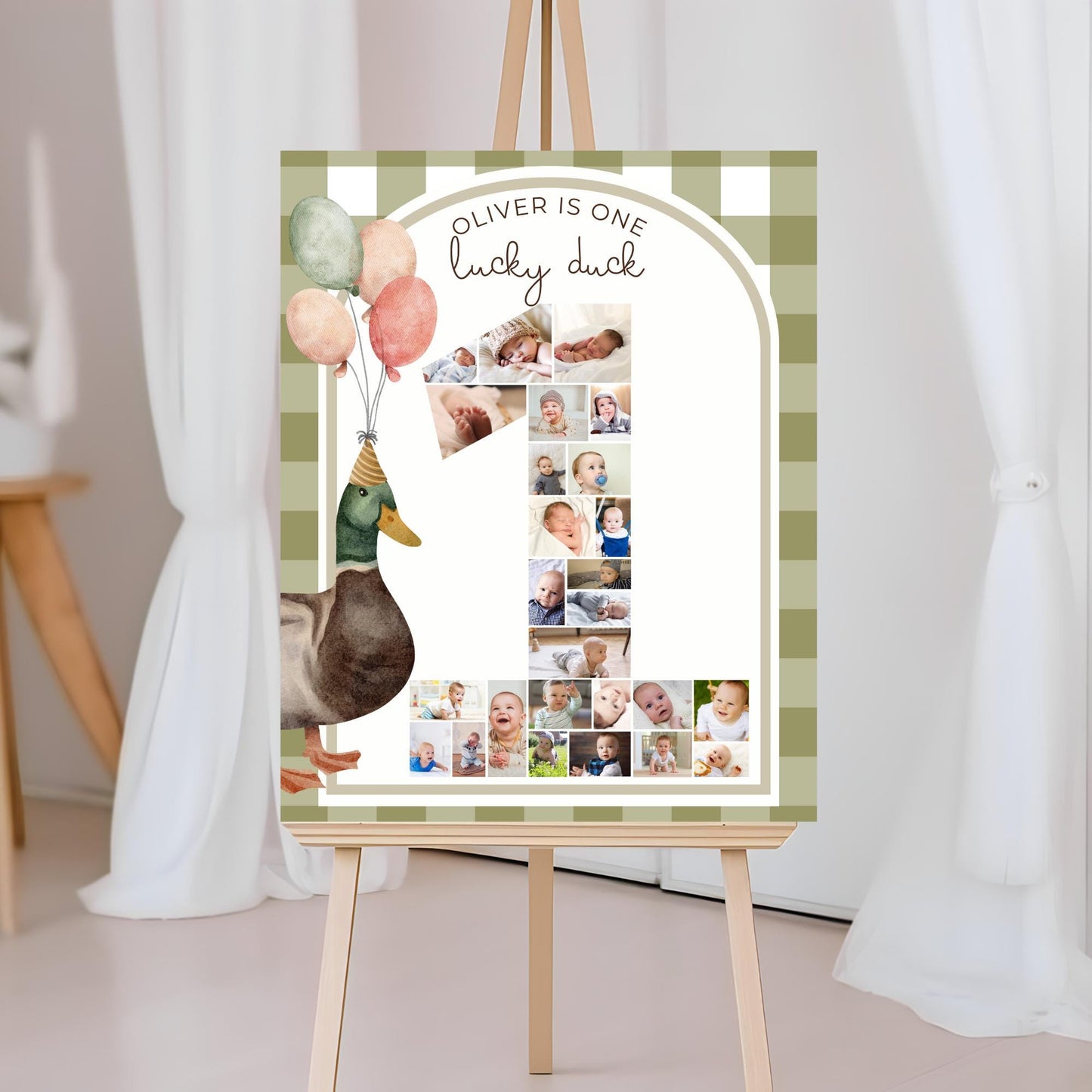One Lucky Duck Birthday Sign Photo Collage Editable Mallard Duck 1st Birthday Monthly Banner Duck First Birthday Photo Milestone sign