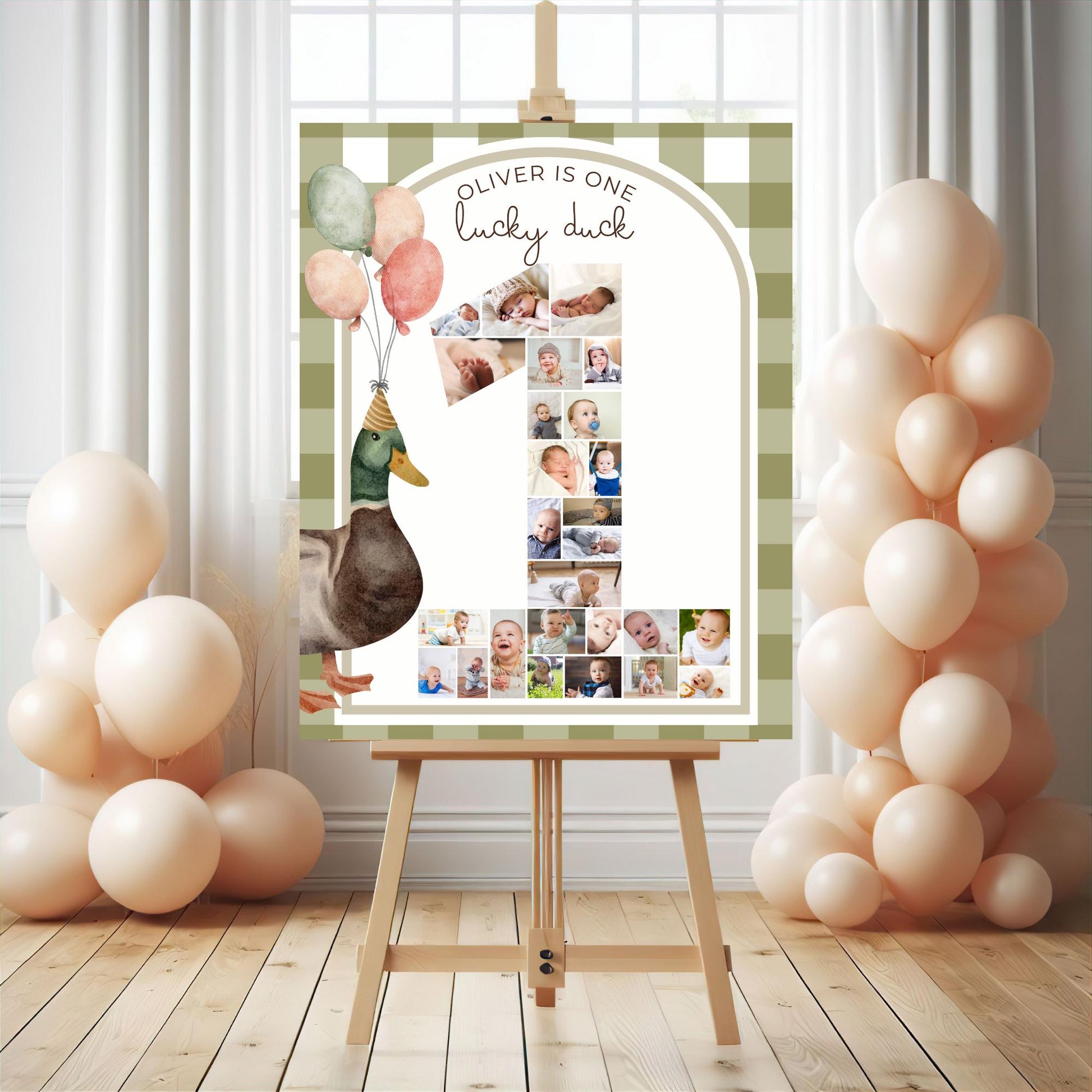One Lucky Duck Birthday Sign Photo Collage Editable Mallard Duck 1st Birthday Monthly Banner Duck First Birthday Photo Milestone sign
