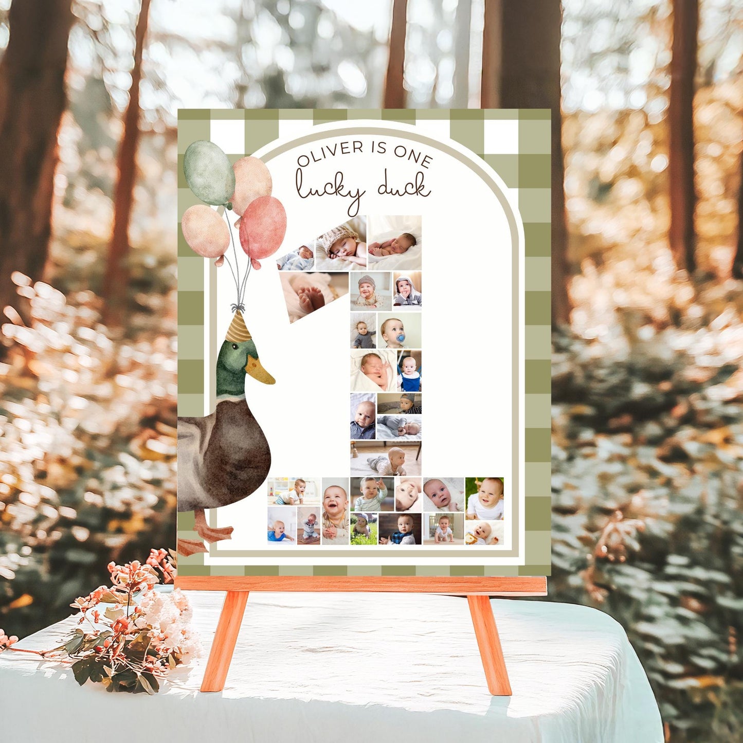 One Lucky Duck Birthday Sign Photo Collage Editable Mallard Duck 1st Birthday Monthly Banner Duck First Birthday Photo Milestone sign