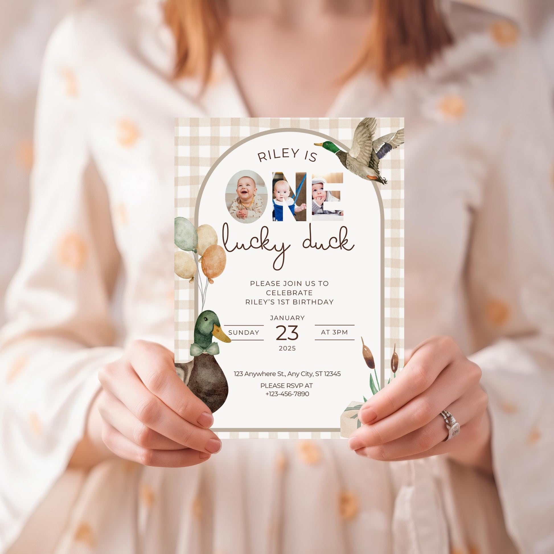 One Lucky Duck Birthday Invitation Boys First Birthday Invite Mallard Duck Watercolor Duck Gingham 1st Birthday Party Invite