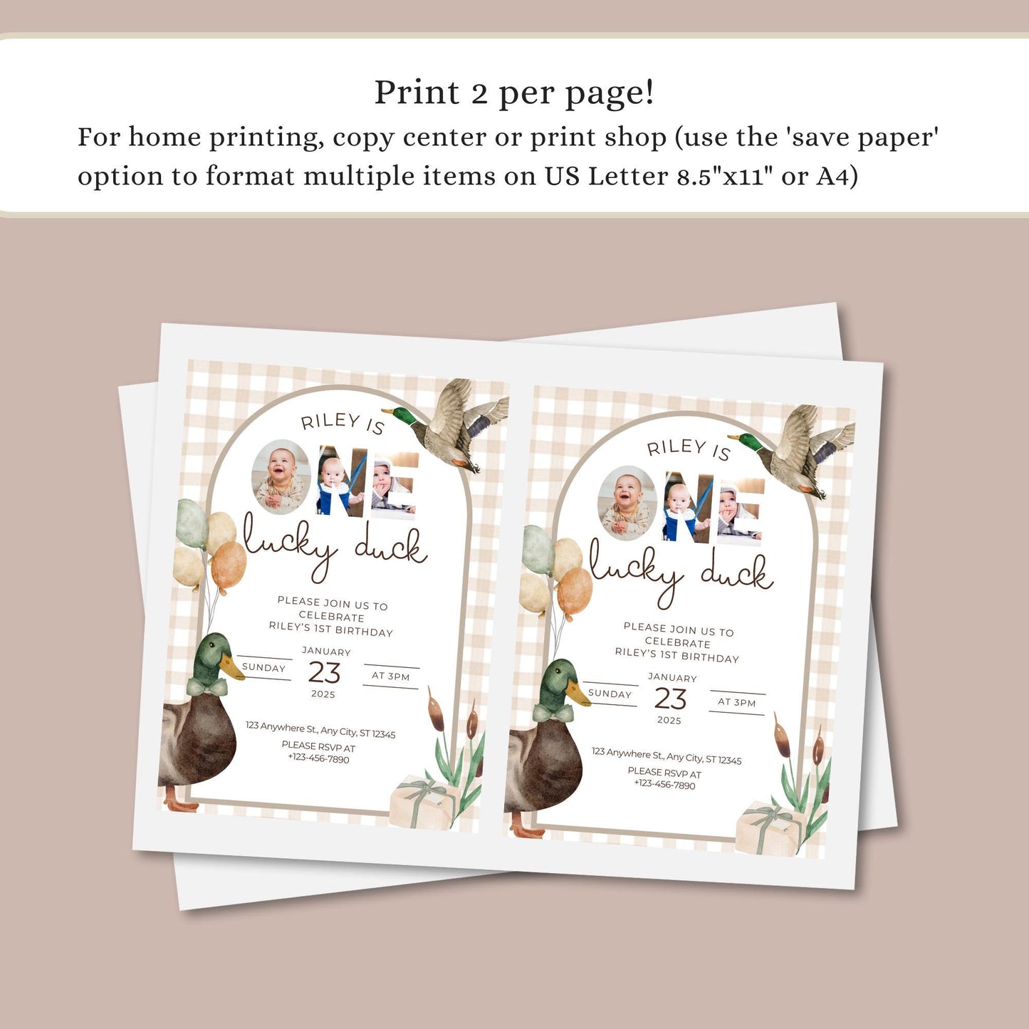 One Lucky Duck Birthday Invitation Boys First Birthday Invite Mallard Duck Watercolor Duck Gingham 1st Birthday Party Invite