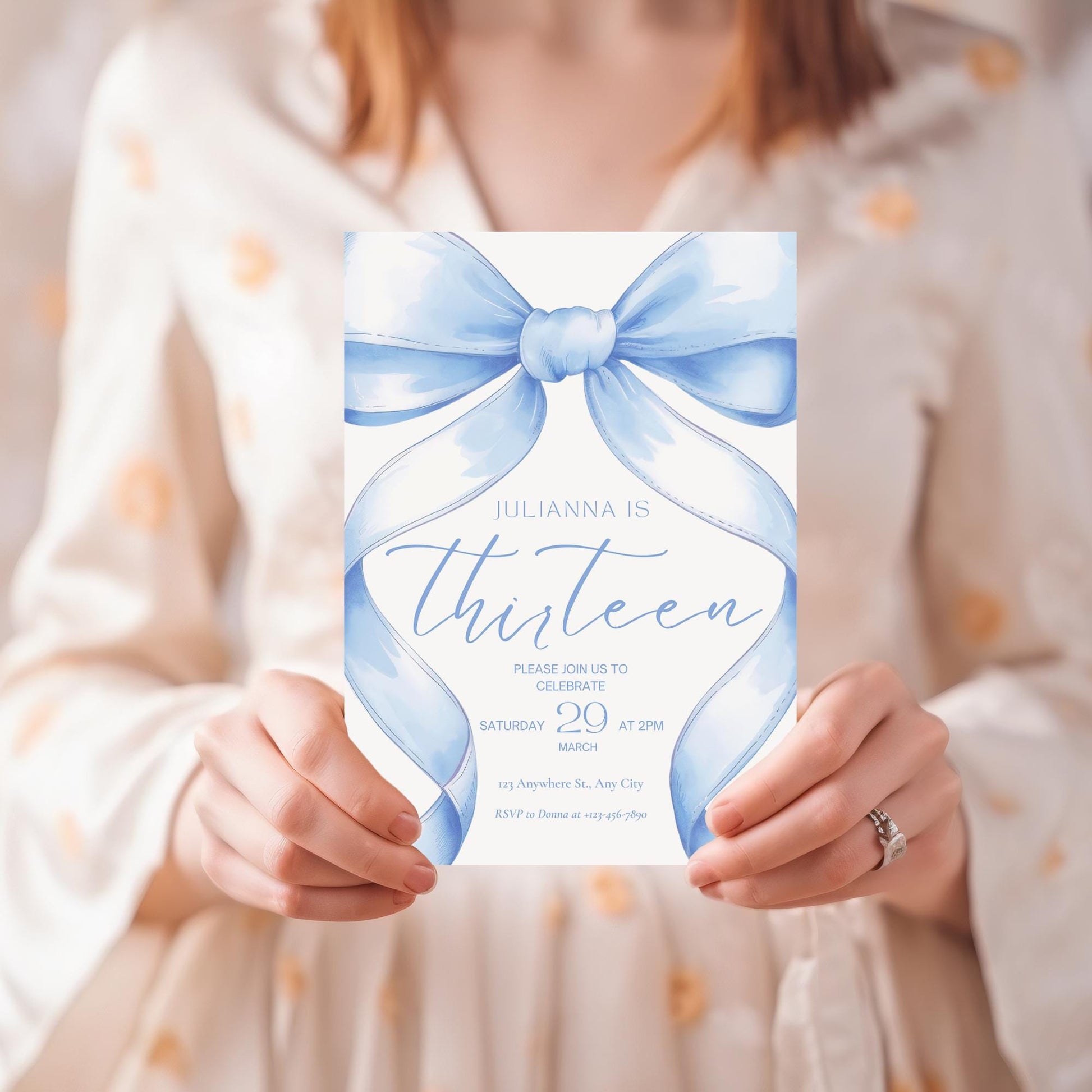 13th birthday invitation girl Blue Coquette Invite 13 year old girl Birthday Girl thirteenth Blue Bow Birthday Teen Birthday Party