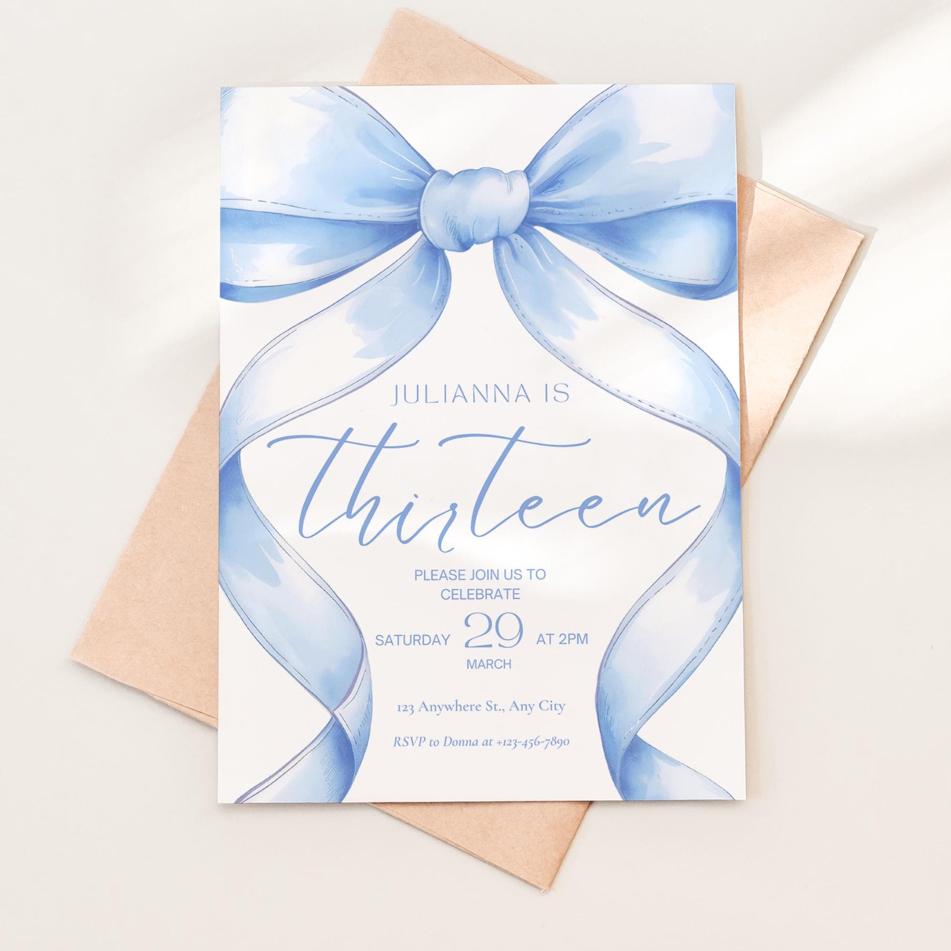 13th birthday invitation girl Blue Coquette Invite 13 year old girl Birthday Girl thirteenth Blue Bow Birthday Teen Birthday Party