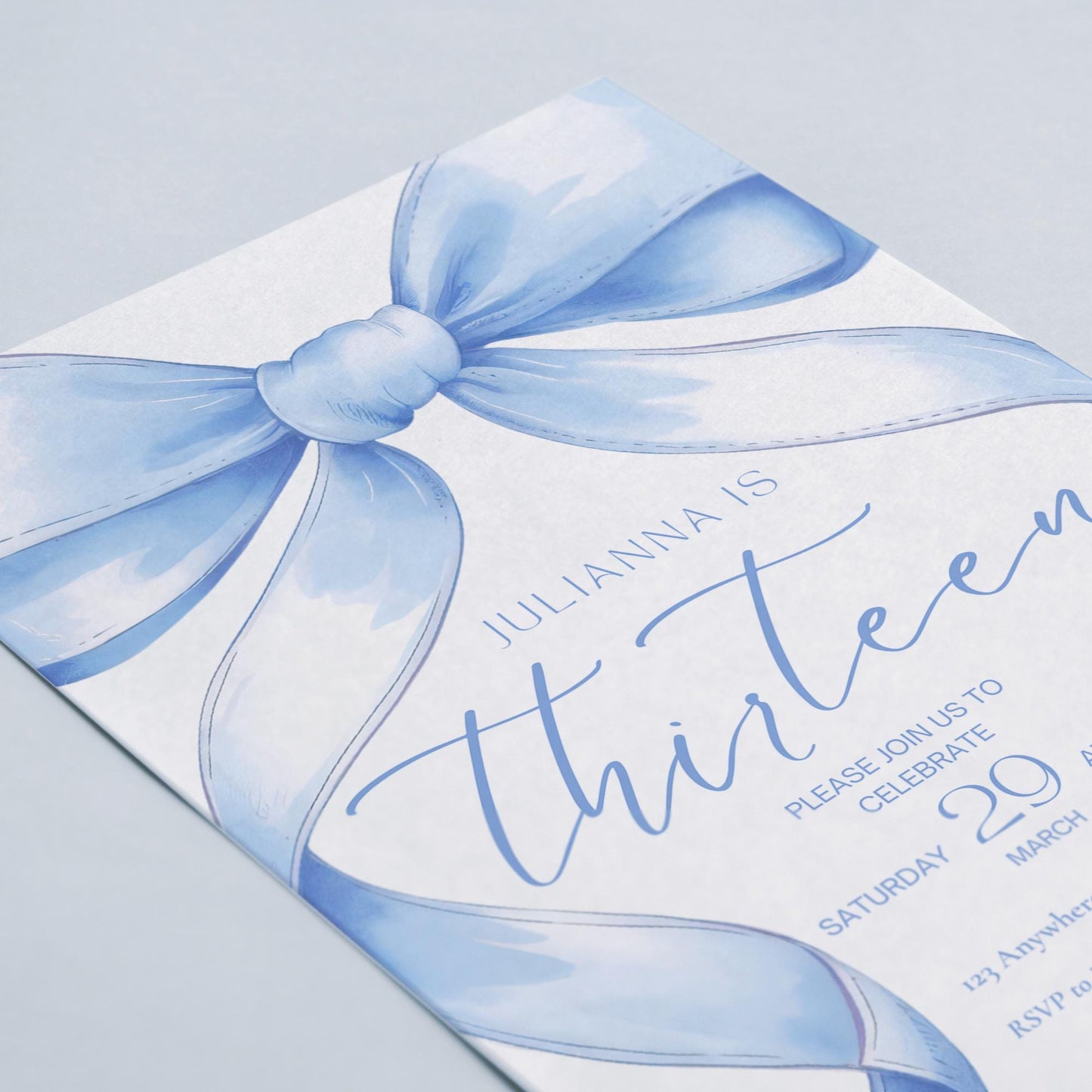 13th birthday invitation girl Blue Coquette Invite 13 year old girl Birthday Girl thirteenth Blue Bow Birthday Teen Birthday Party