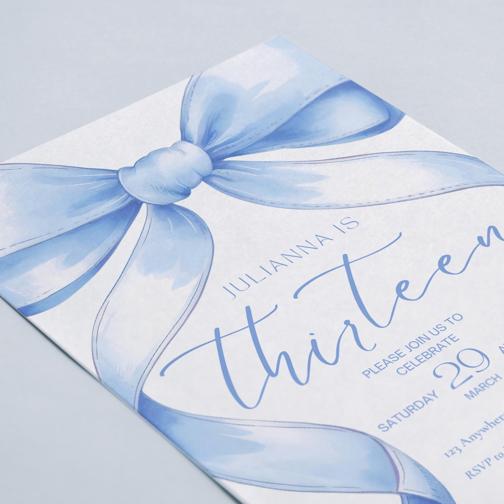 13th birthday invitation girl Blue Coquette Invite 13 year old girl Birthday Girl thirteenth Blue Bow Birthday Teen Birthday Party