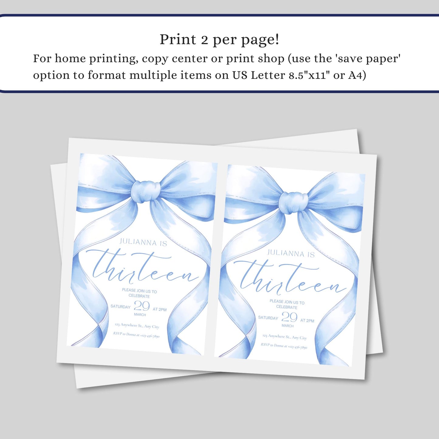 13th birthday invitation girl Blue Coquette Invite 13 year old girl Birthday Girl thirteenth Blue Bow Birthday Teen Birthday Party