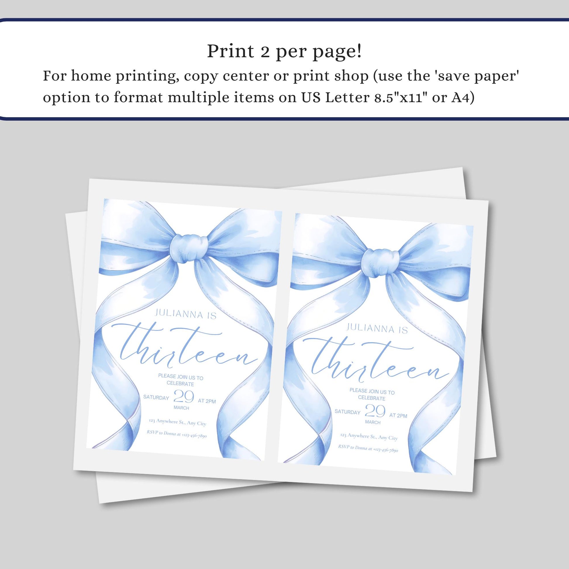 13th birthday invitation girl Blue Coquette Invite 13 year old girl Birthday Girl thirteenth Blue Bow Birthday Teen Birthday Party