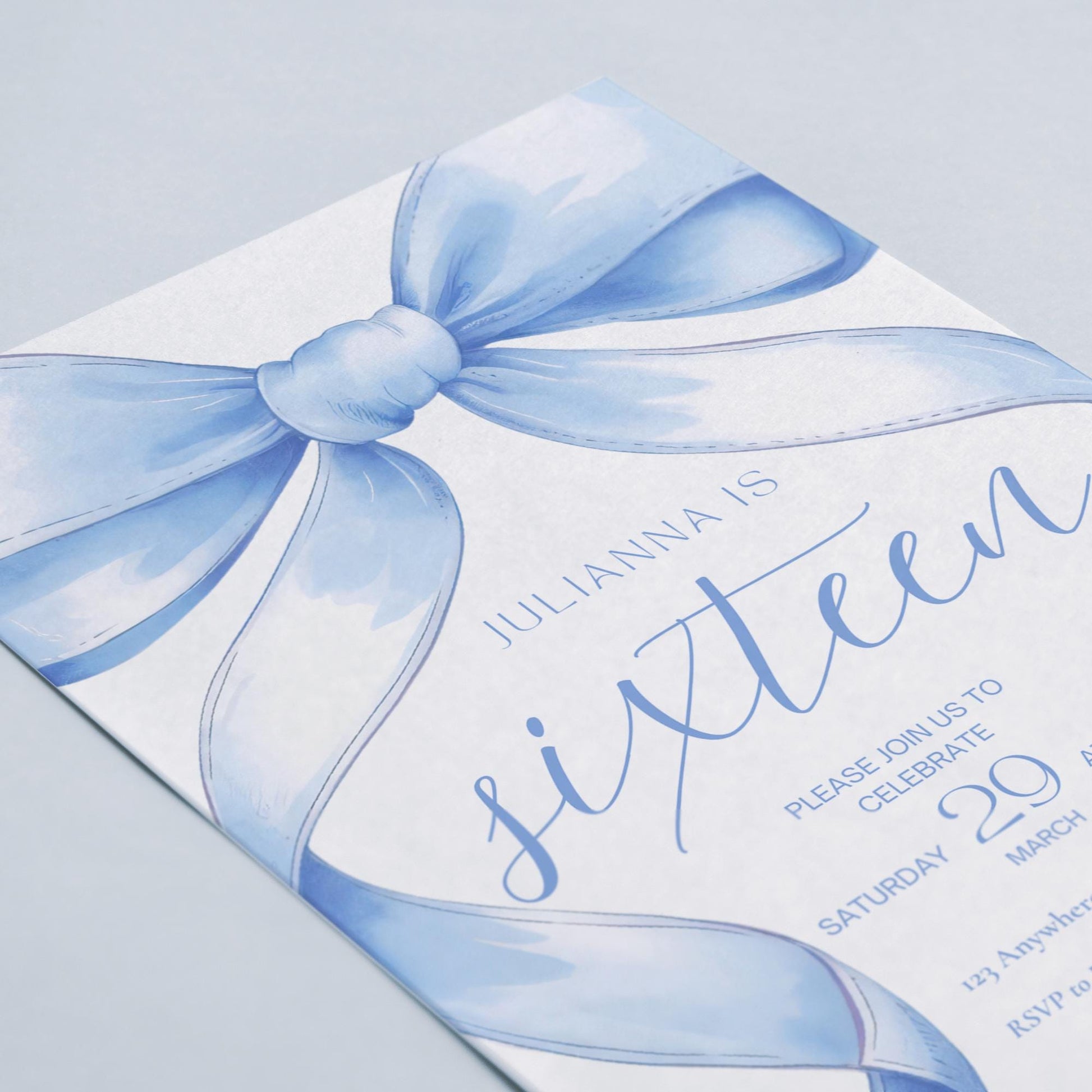 16th birthday invitation Blue Coquette Invite 16th Birthday Invitation Girl sixteenth Blue Bow Birthday Teen Birthday Party Sweet Sixteen
