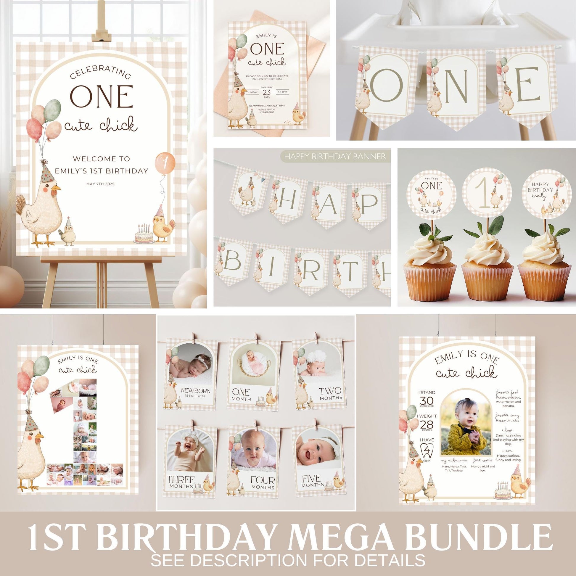 This Chick is One Birthday Bundle One Cute Chick First Birthday Party Decor Chicken 1st Birthday Invite Farm Theme Party Chick Birthday