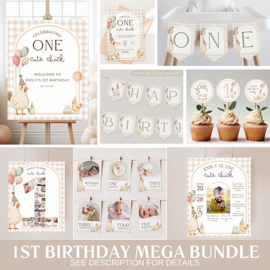 This Chick is One Birthday Bundle One Cute Chick First Birthday Party Decor Chicken 1st Birthday Invite Farm Theme Party Chick Birthday