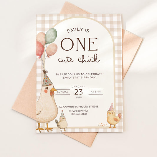 One Cute Chick Birthday This Chick is One First Birthday 1st Birthday Chicken Decor Editable Invitation Farm animal Birthday Spring 1st