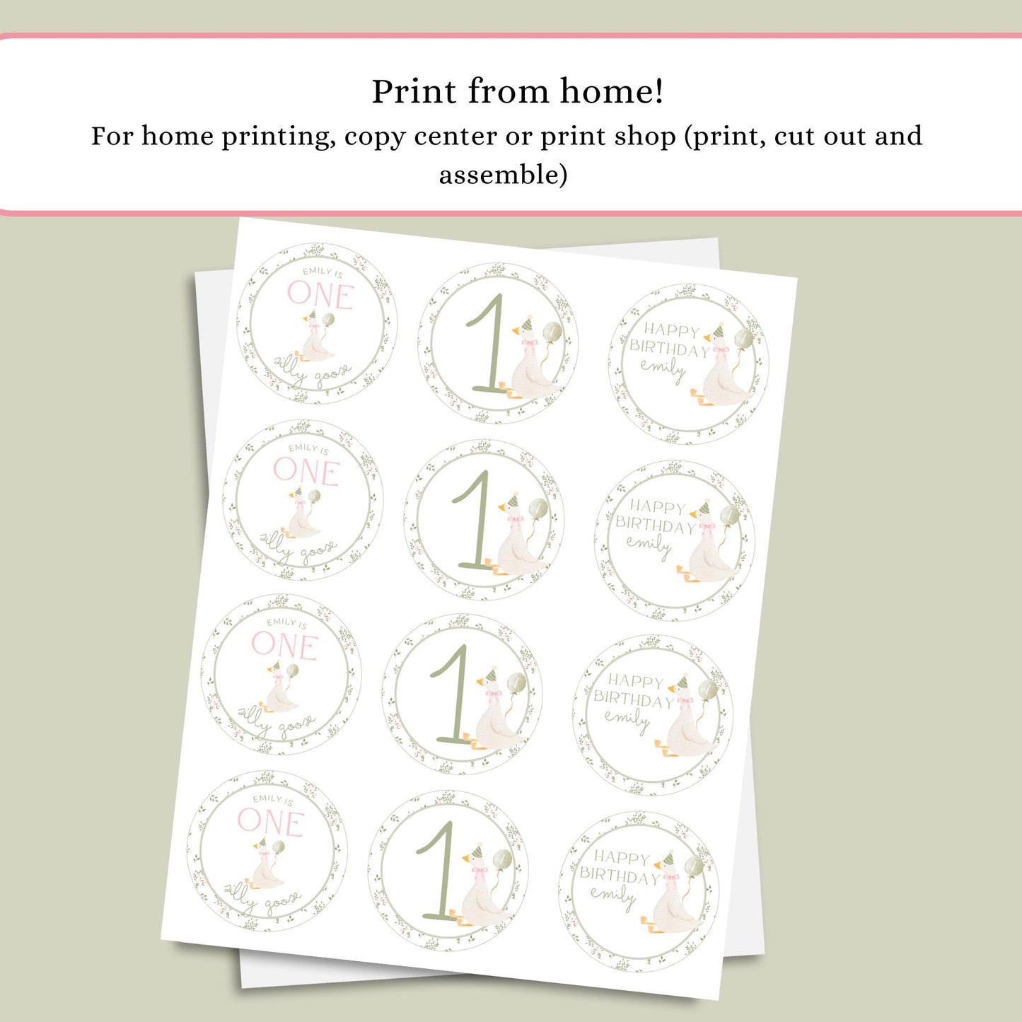 One Silly Goose Birthday Party Cupcake Toppers Editable Cake topper Goose themed Party Silly Goose First 1st Birthday Party Vintage Floral