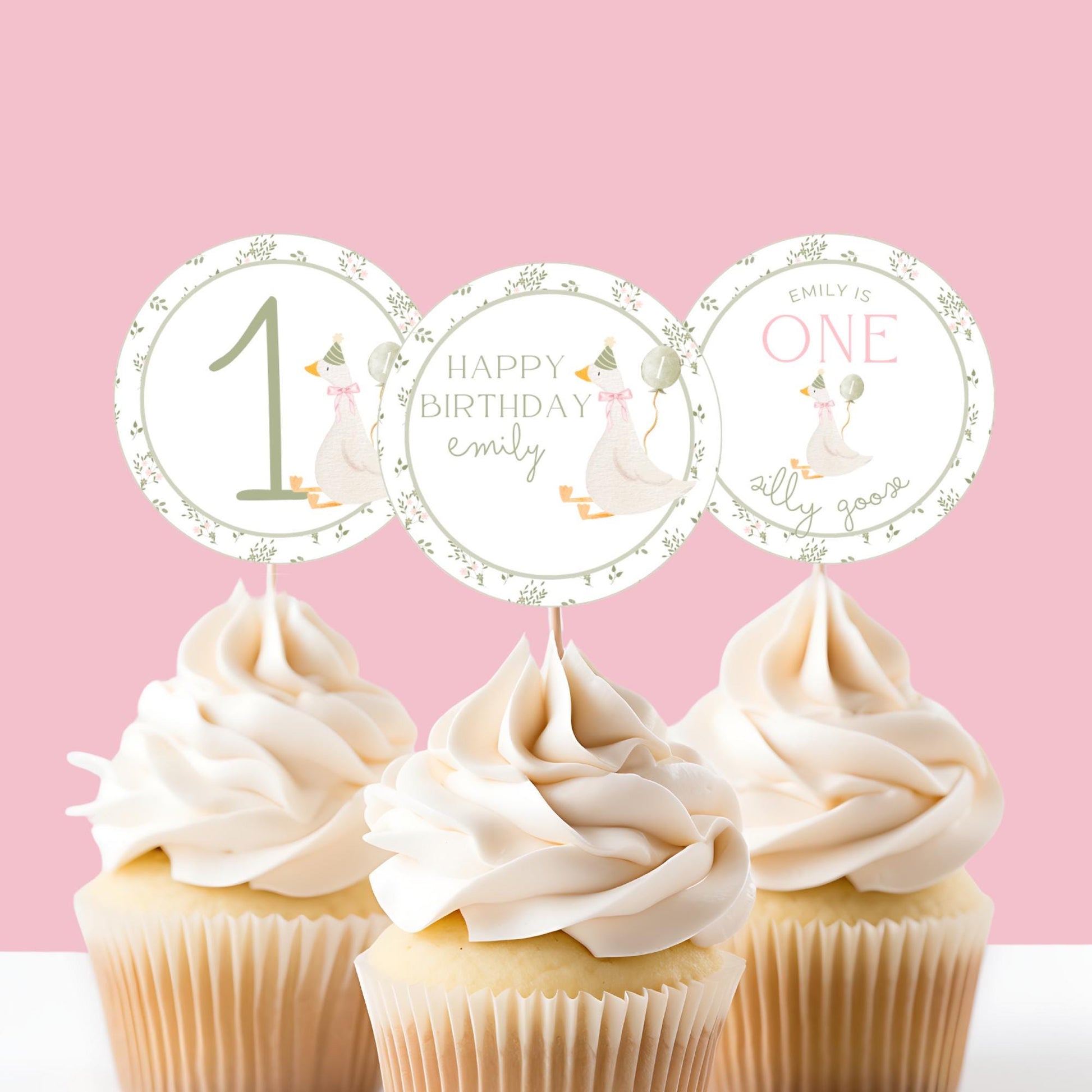 One Silly Goose Birthday Party Cupcake Toppers Editable Cake topper Goose themed Party Silly Goose First 1st Birthday Party Vintage Floral
