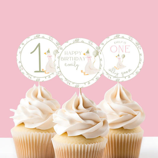 One Silly Goose Birthday Party Cupcake Toppers Editable Cake topper Goose themed Party Silly Goose First 1st Birthday Party Vintage Floral