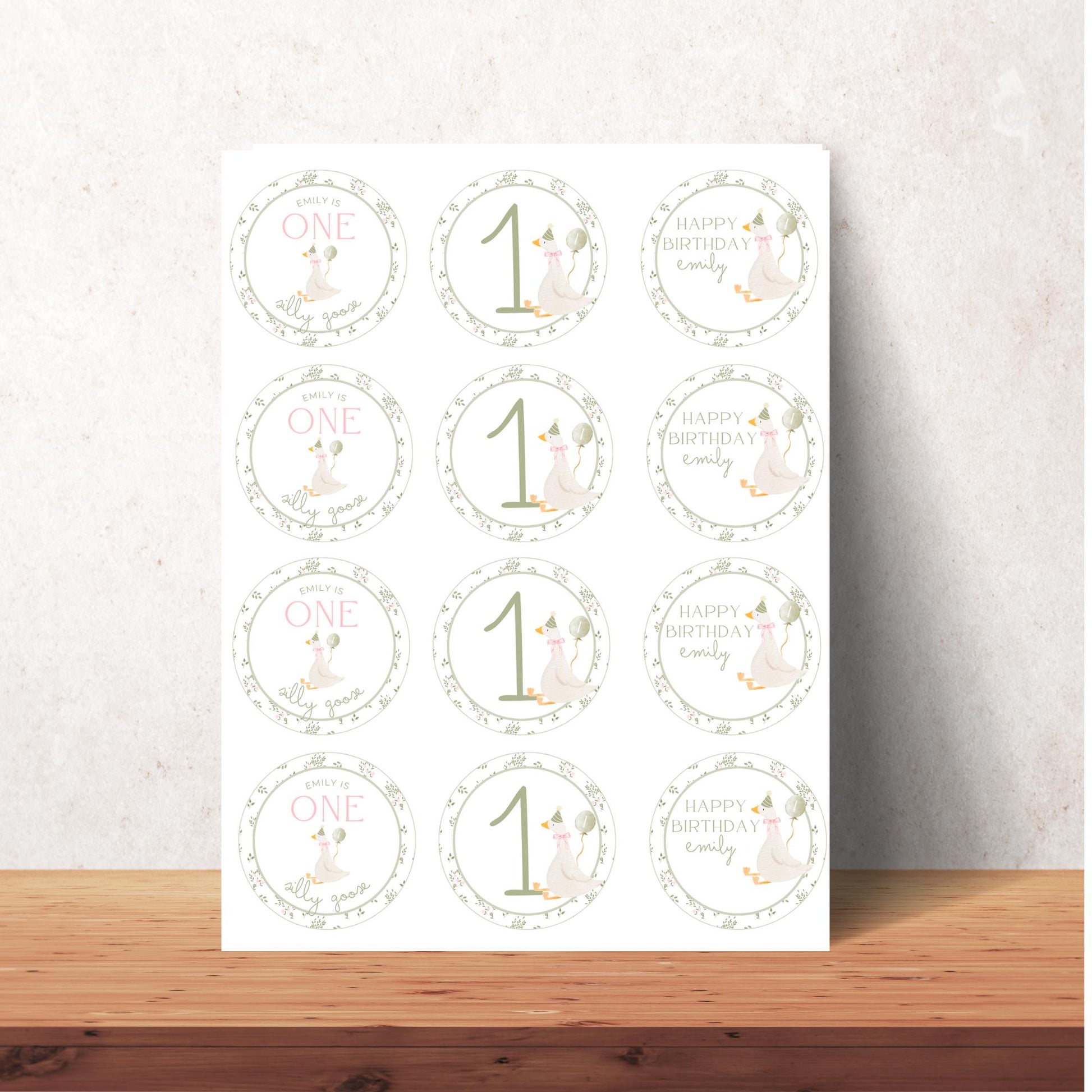 One Silly Goose Birthday Party Cupcake Toppers Editable Cake topper Goose themed Party Silly Goose First 1st Birthday Party Vintage Floral