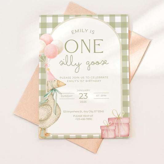 One Silly Goose Birthday Invite Dusty Pink First Birthday 1st Birthday Silly Goose Decor Editable  Invitation Nursery Rhyme Birthday